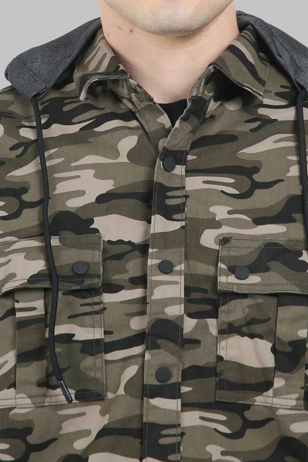 Men Double Pocket Hoodie-Print-Cream