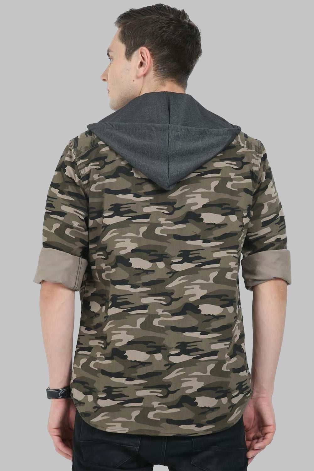 Men Double Pocket Hoodie-Print-Cream