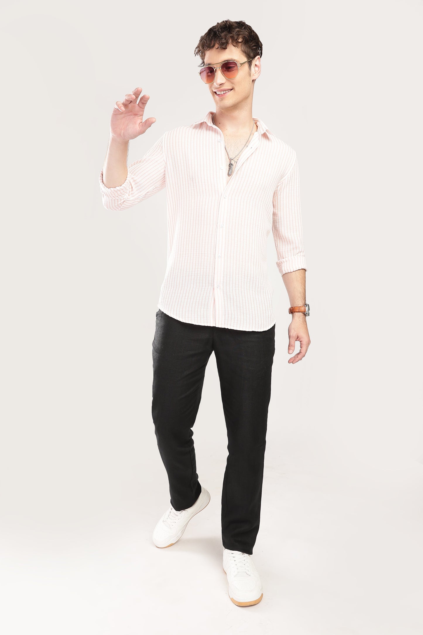 Men Linen Like Lining Shirt-Pink