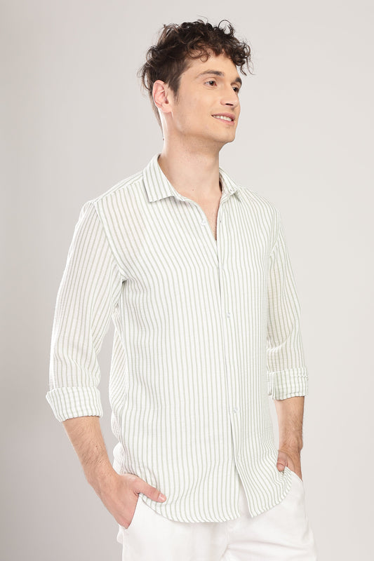 Men Linen Like Lining Shirt-Green