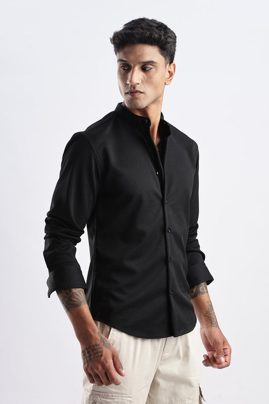 Men Waffle Dobby Shirts Mandarin Collar-Black
