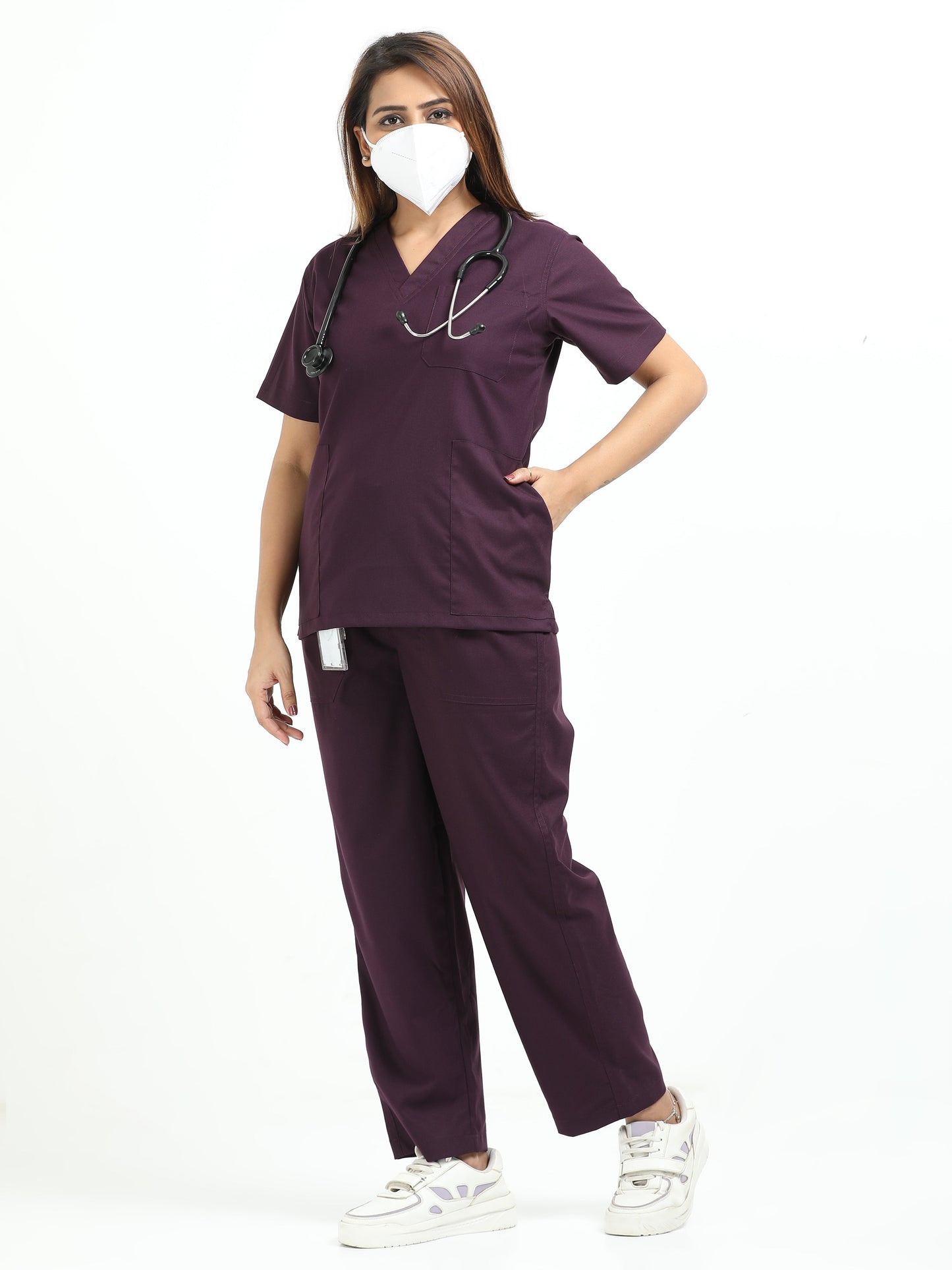 Women’s Wine Medical Scrub Set – V-Neck Top & Straight Pants | Twill Fabric, Breathable & Antibacterial – Eco Flex