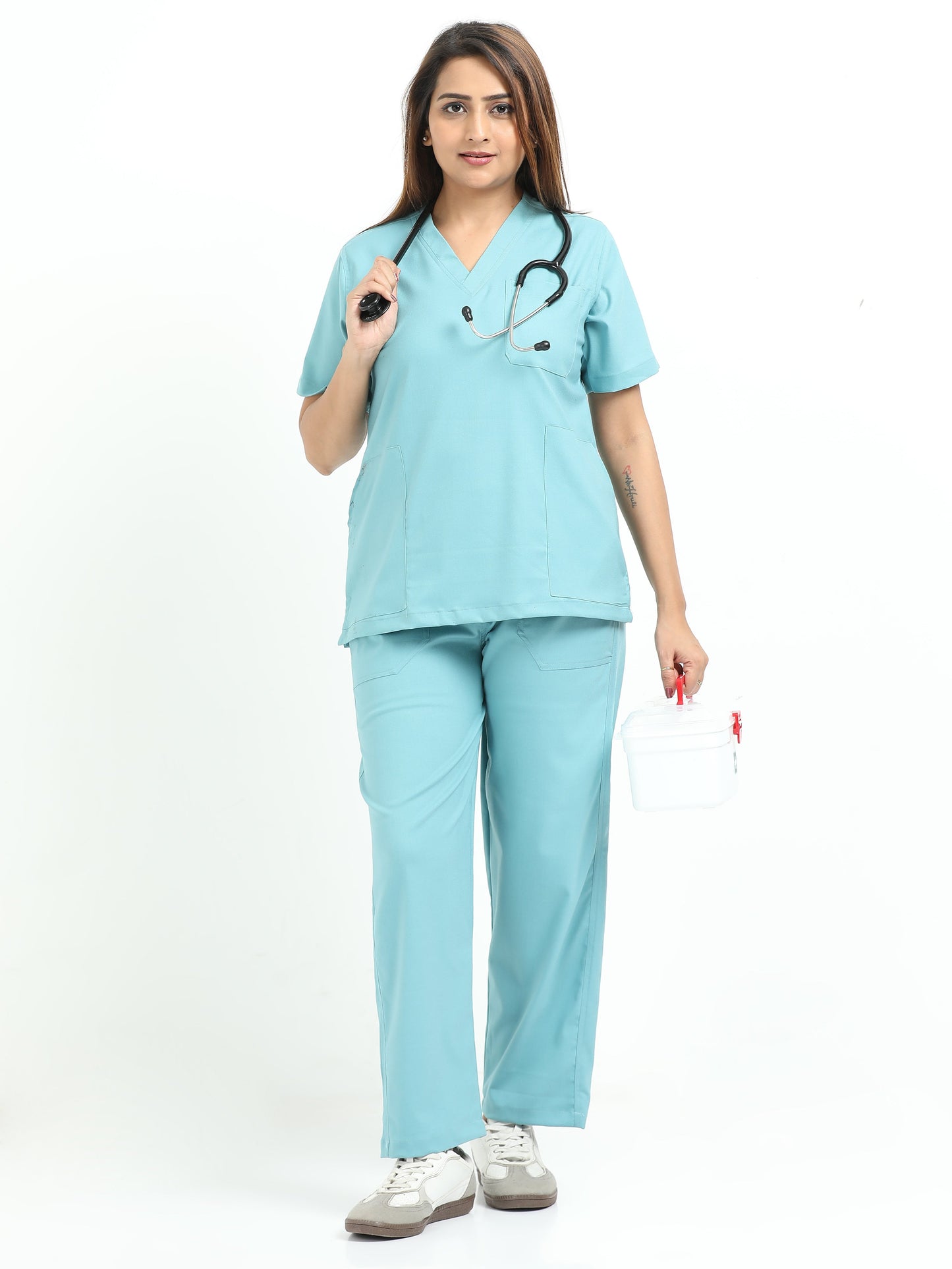 Women’s Eucalyptus Green Medical Scrub Set – V-Neck Top & Straight Pants | 2-Way Stretch, Breathable & Antibacterial Fabric – Apollo