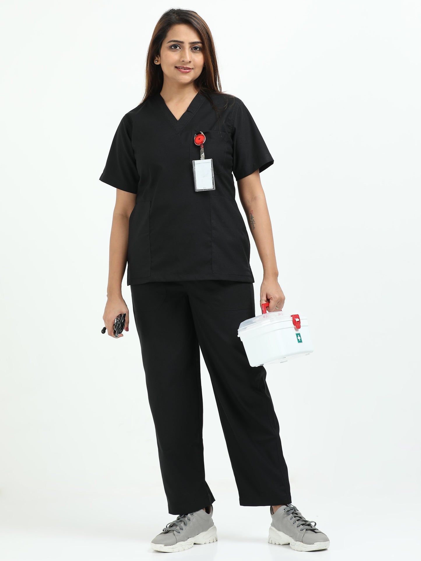 Women’s Black Knight Medical Scrub Set – V-Neck Top & Straight Pants | Twill Fabric, Antibacterial & Wrinkle-Resistant – Eco Flex