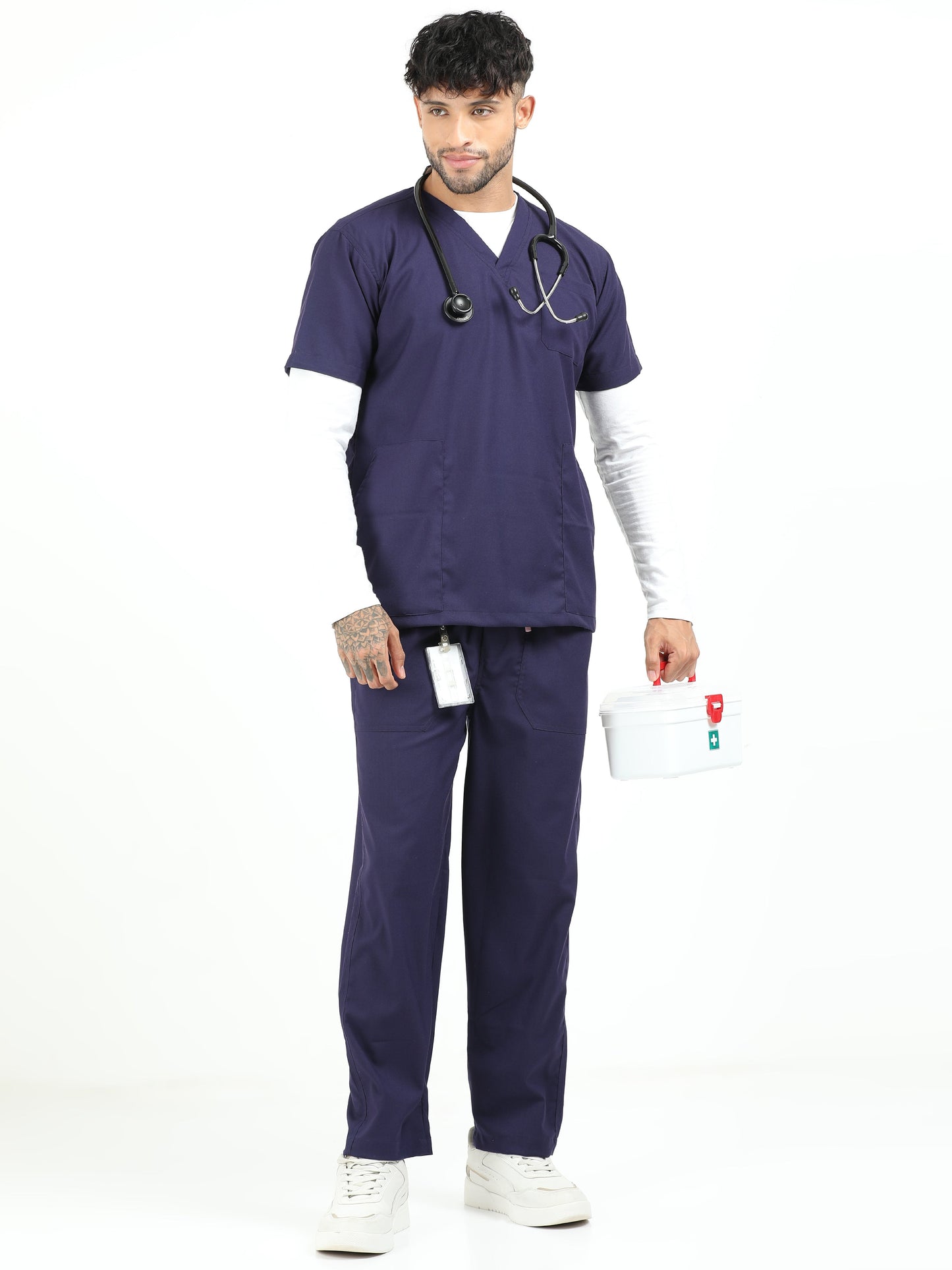 Men’s Navy Medical Scrub Set – V-Neck Top & Straight Pants | 2-Way Stretch, Antibacterial & Durable – Apollo