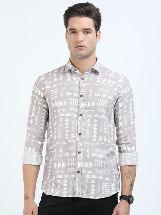 Menās Beige Tribal Print Cotton Linen Shirt