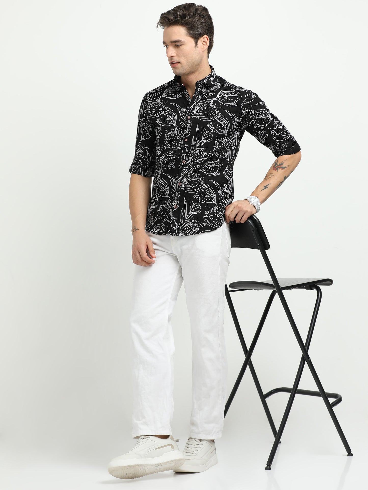 Men’s Black & White Floral Print Cotton Shirt
