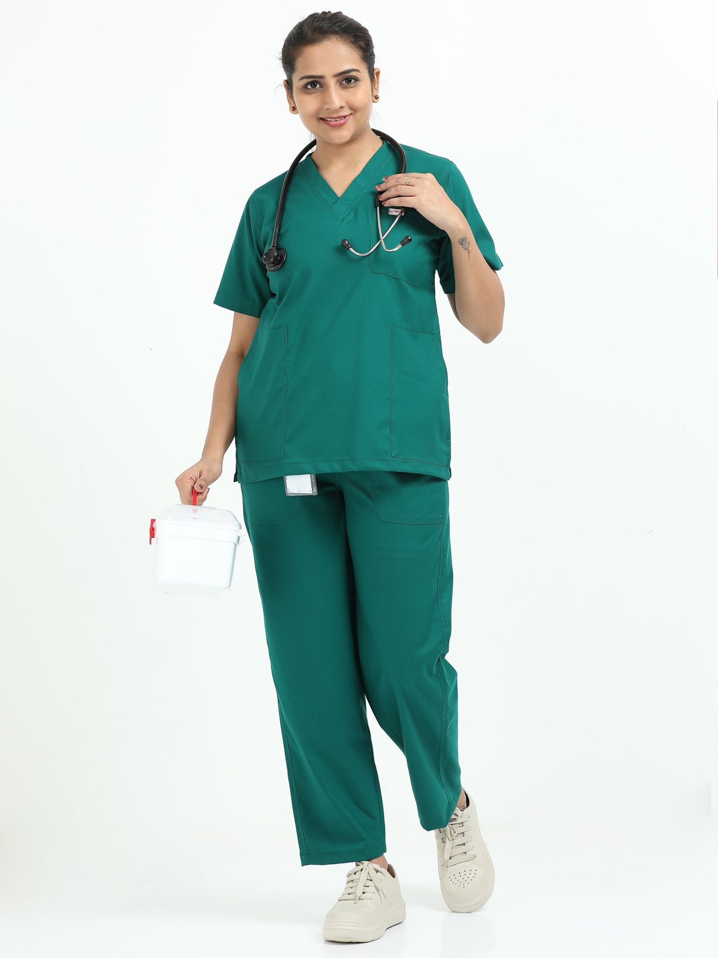 Women’s Forest Green Medical Scrub Set – V-Neck Top & Straight Pants | Twill Fabric, Breathable & Antibacterial – Eco Flex