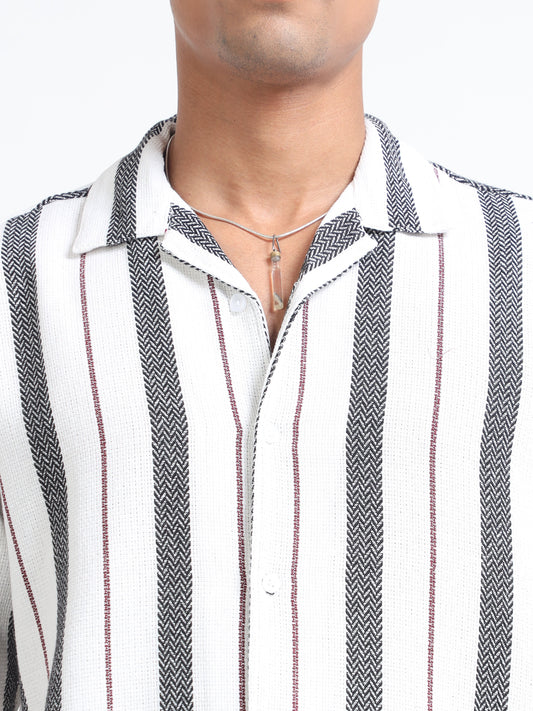 Men Striped Jacquard Oversized Shirt-White & Grey