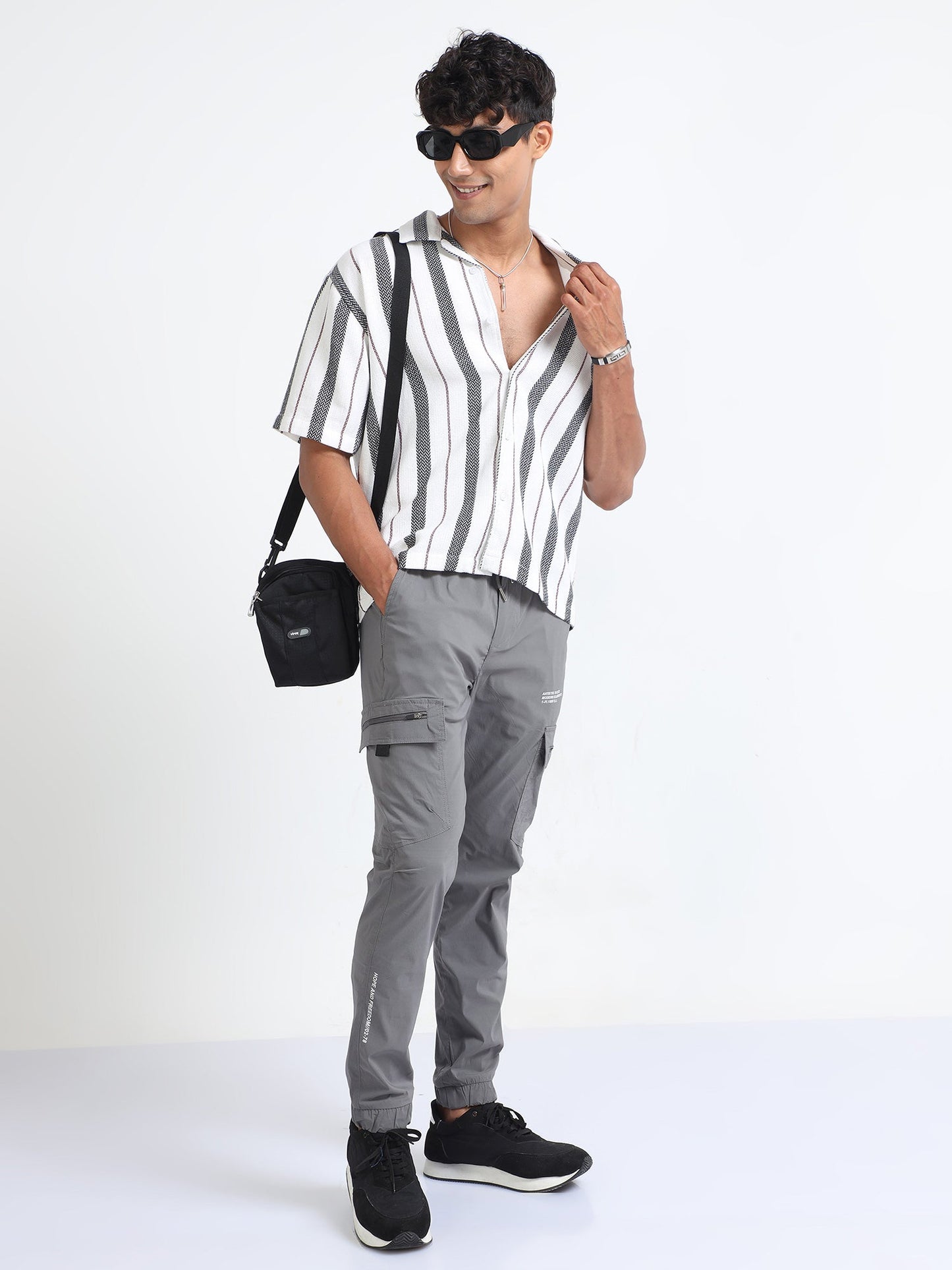 Men Striped Jacquard Oversized Shirt-White