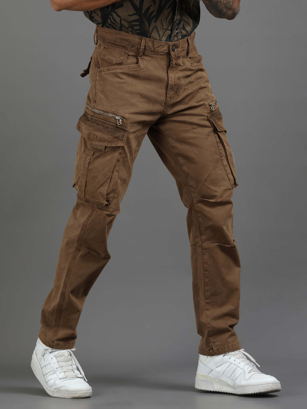 Rugged Zip Cargo Pants In Brown