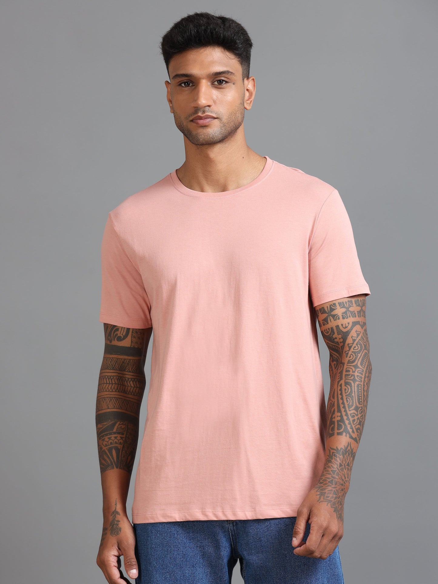 Crew Neck Men Solid T-Shirt - Pink
