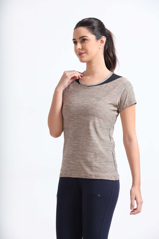 Activewear Warm Taupe Women Top - Overlap neck finish