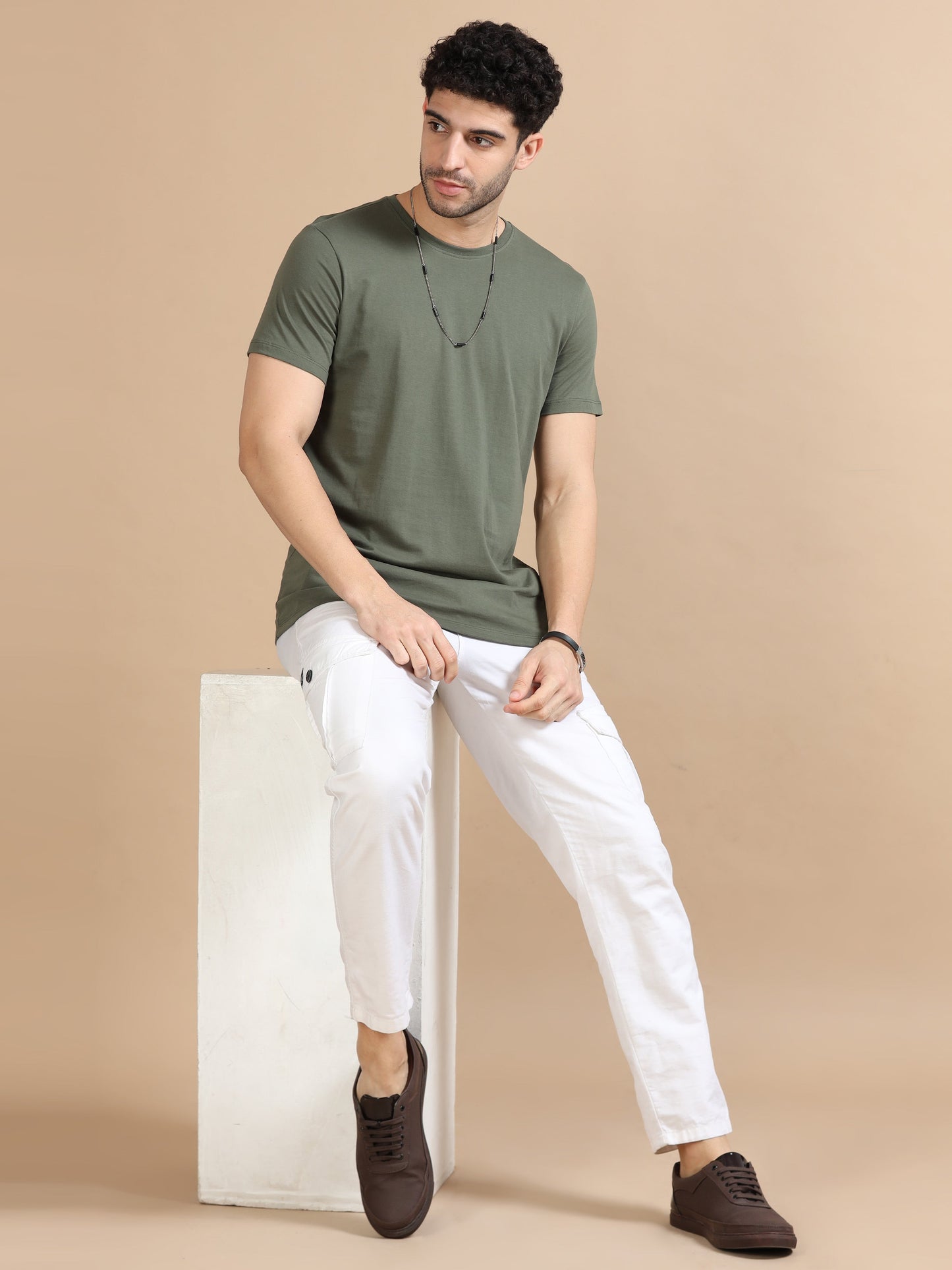 Crew Neck Men Solid T-Shirt - Olive