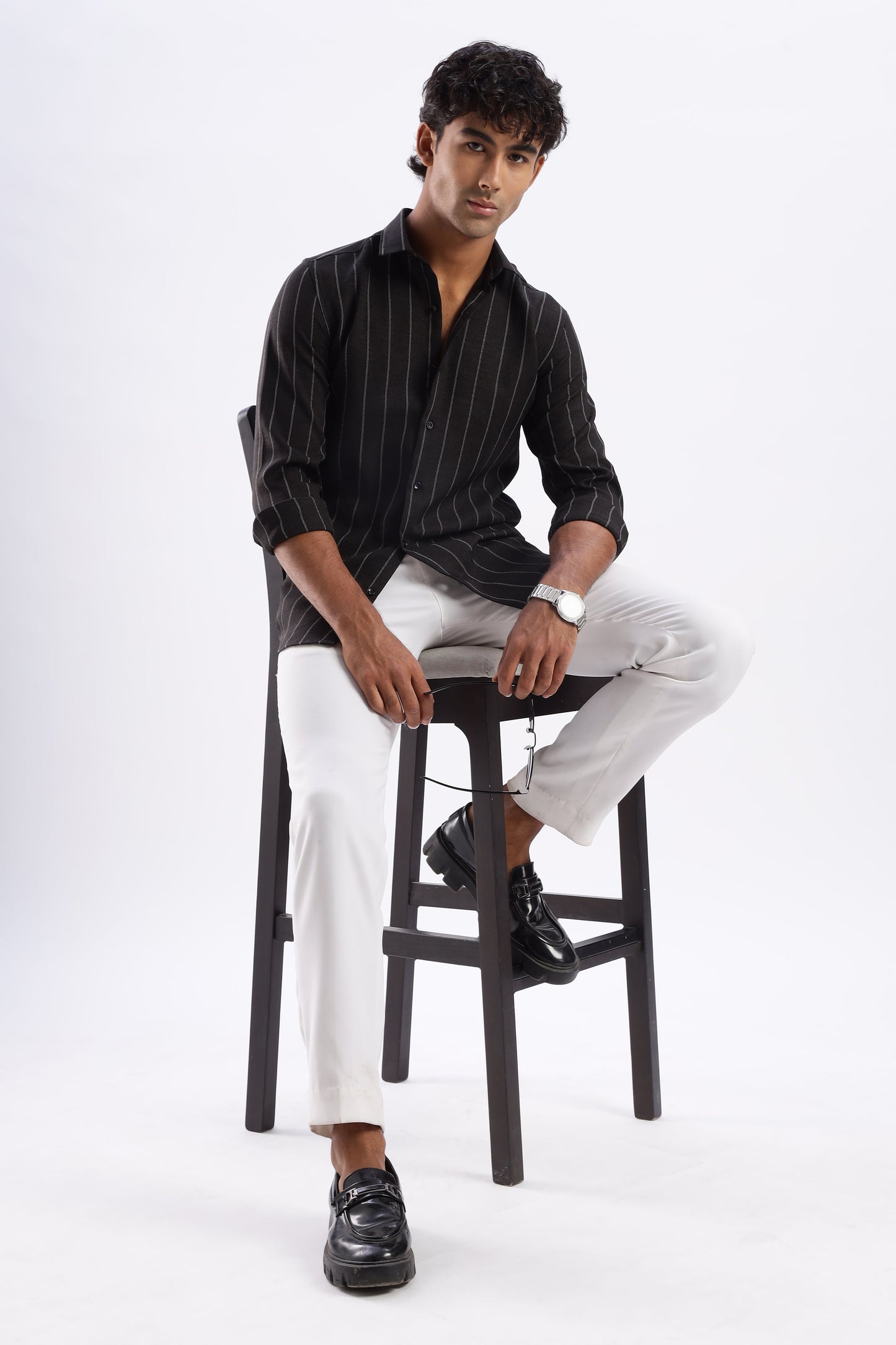 Men Air Like Linen Stripes Shirt-Black