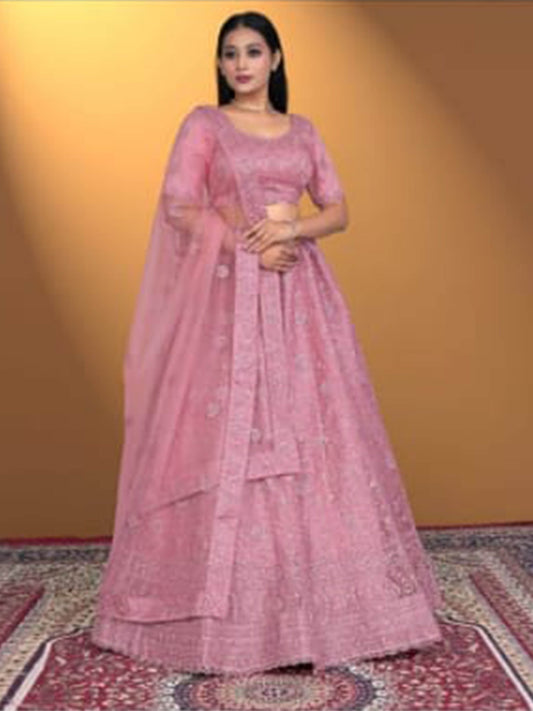 Women's Net-Pink Luxury Bridal Lehenga