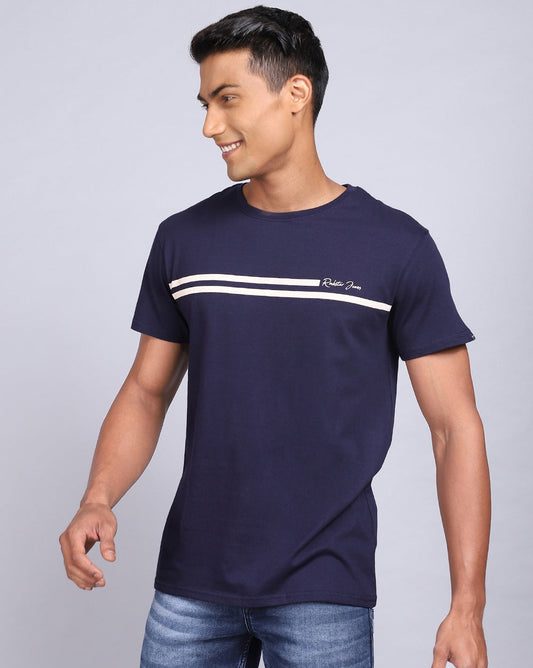 Crew Neck Printed T-Shirt-Deep Blue
