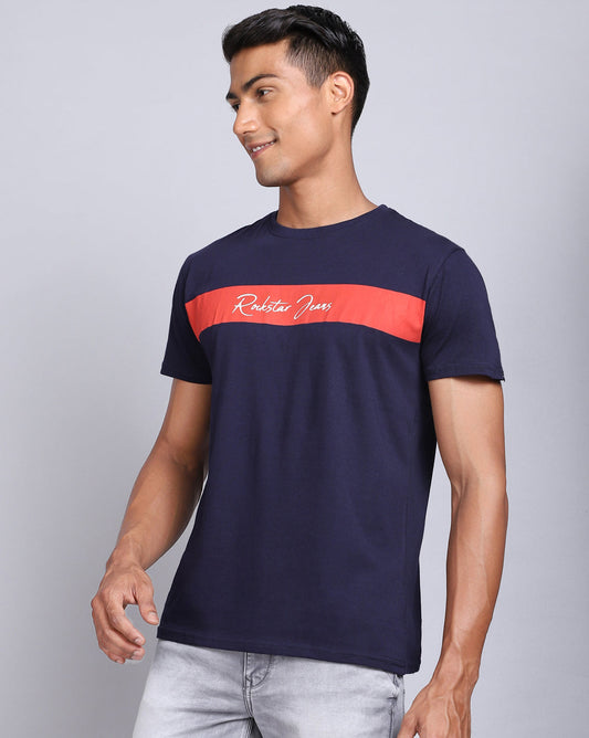Crew Neck Printed T-Shirt-Dark blue