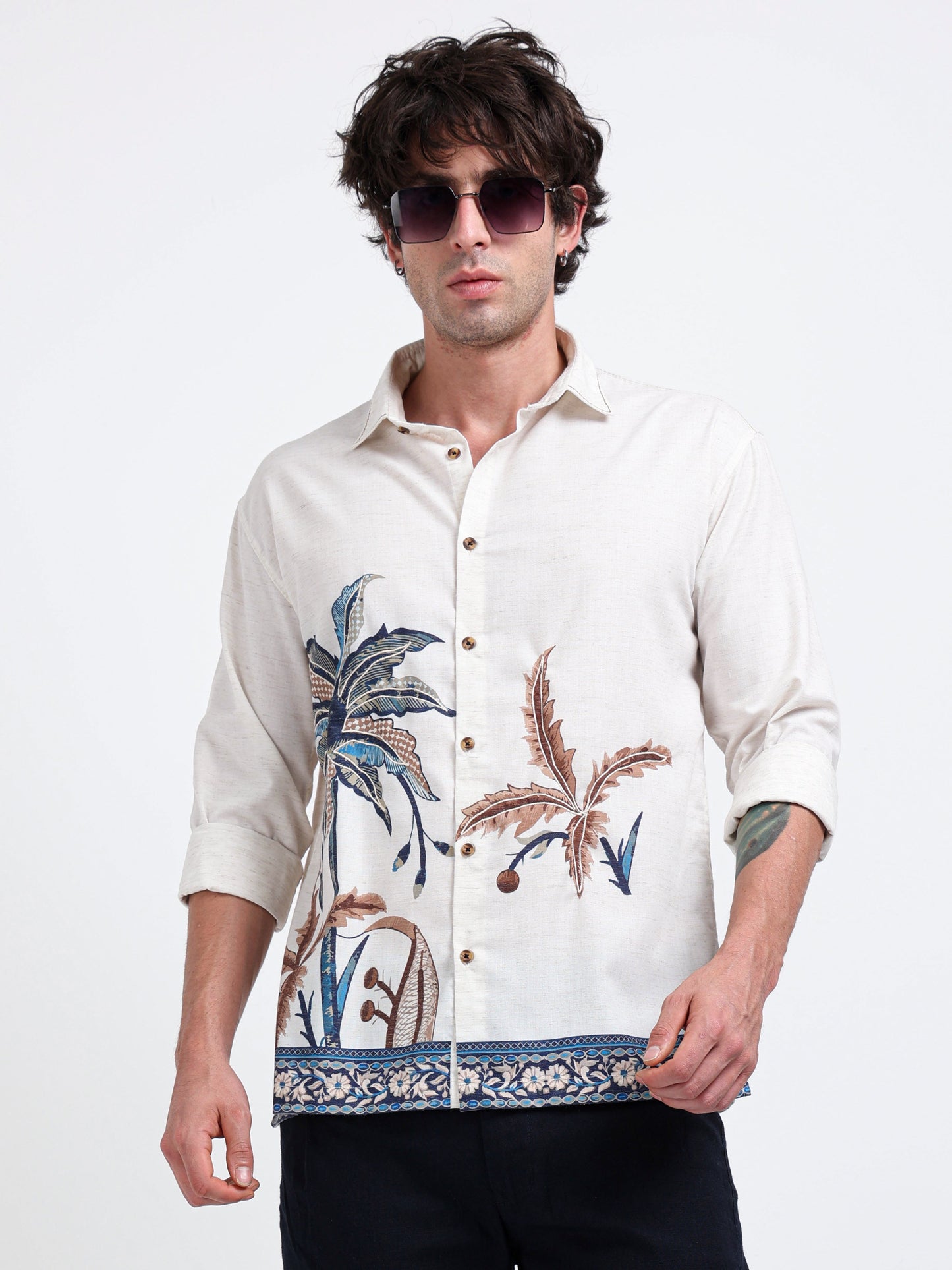 Artful Prints Sky Blue & White Check Cotton-Linen Shirt