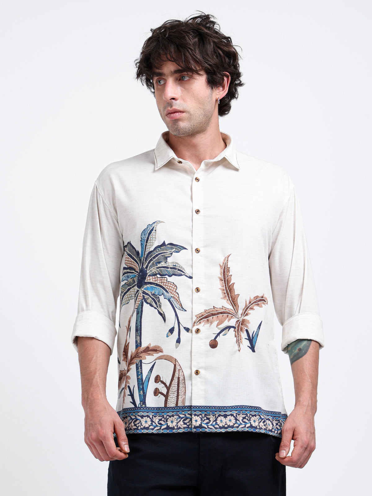 Artful Prints Sky Blue & White Check Cotton-Linen Shirt