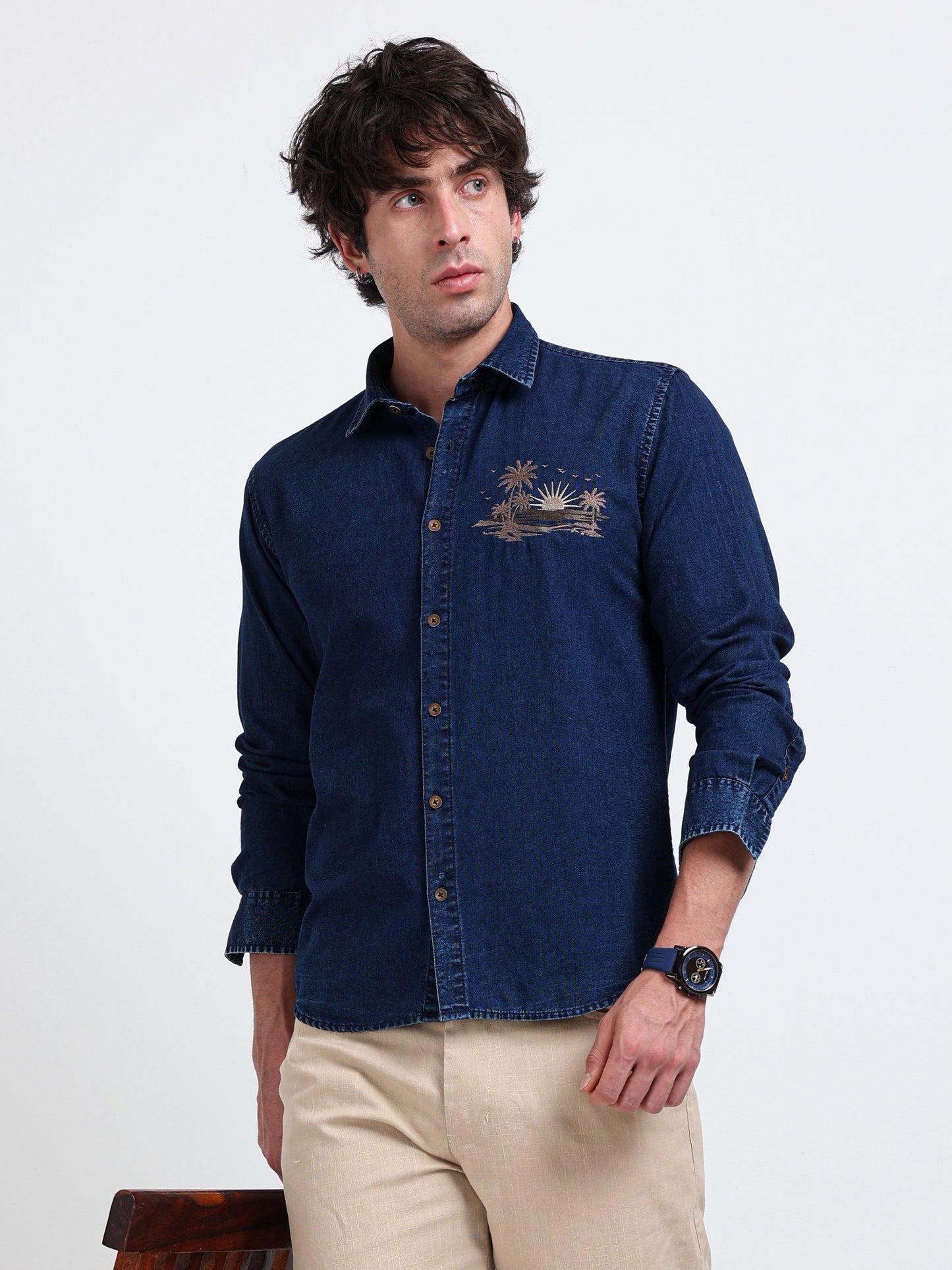 Crafted Embroidery and Urban Indigo Cotton Denim Shirt