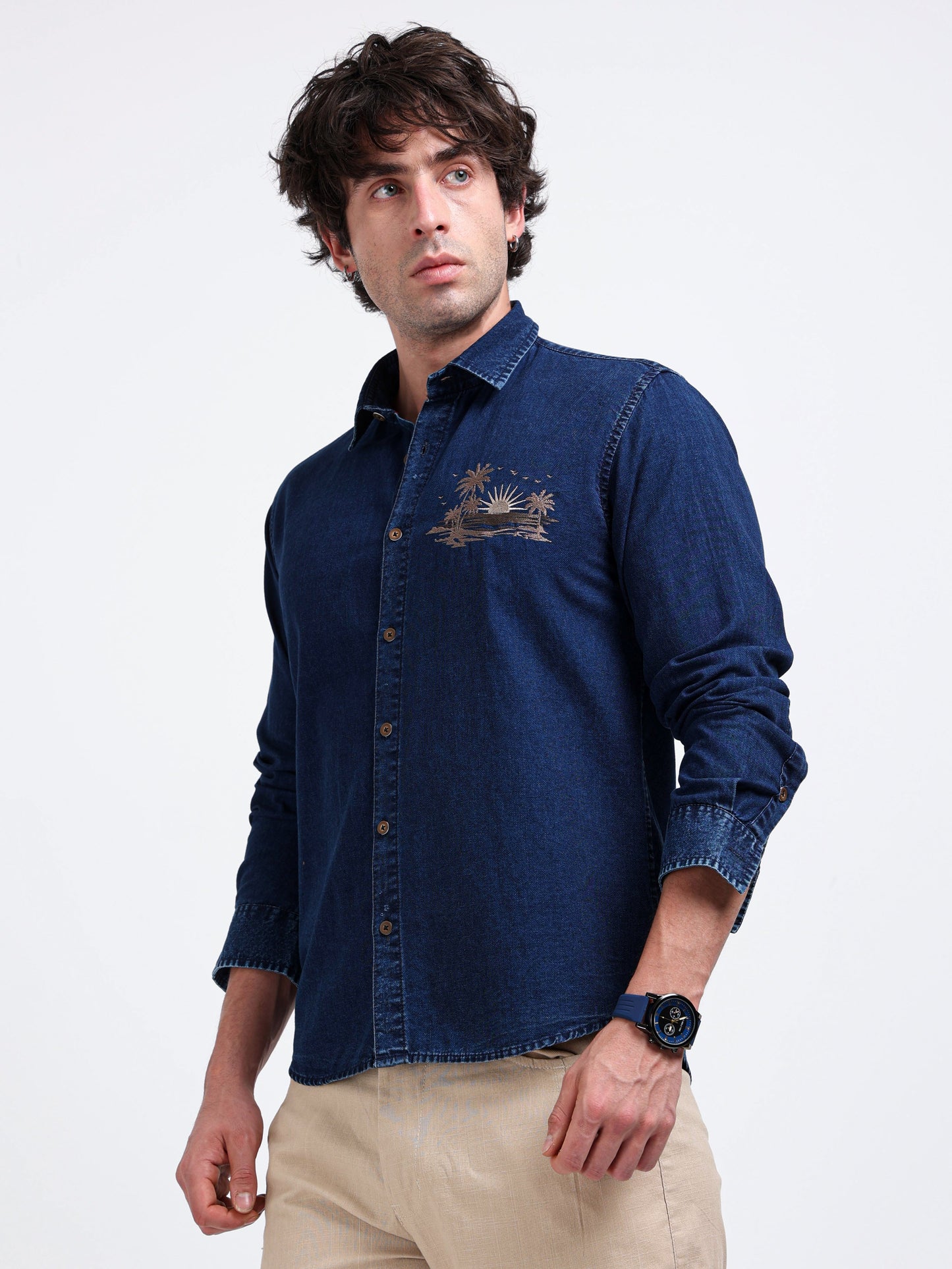 Crafted Embroidery and Urban Indigo Cotton Denim Shirt