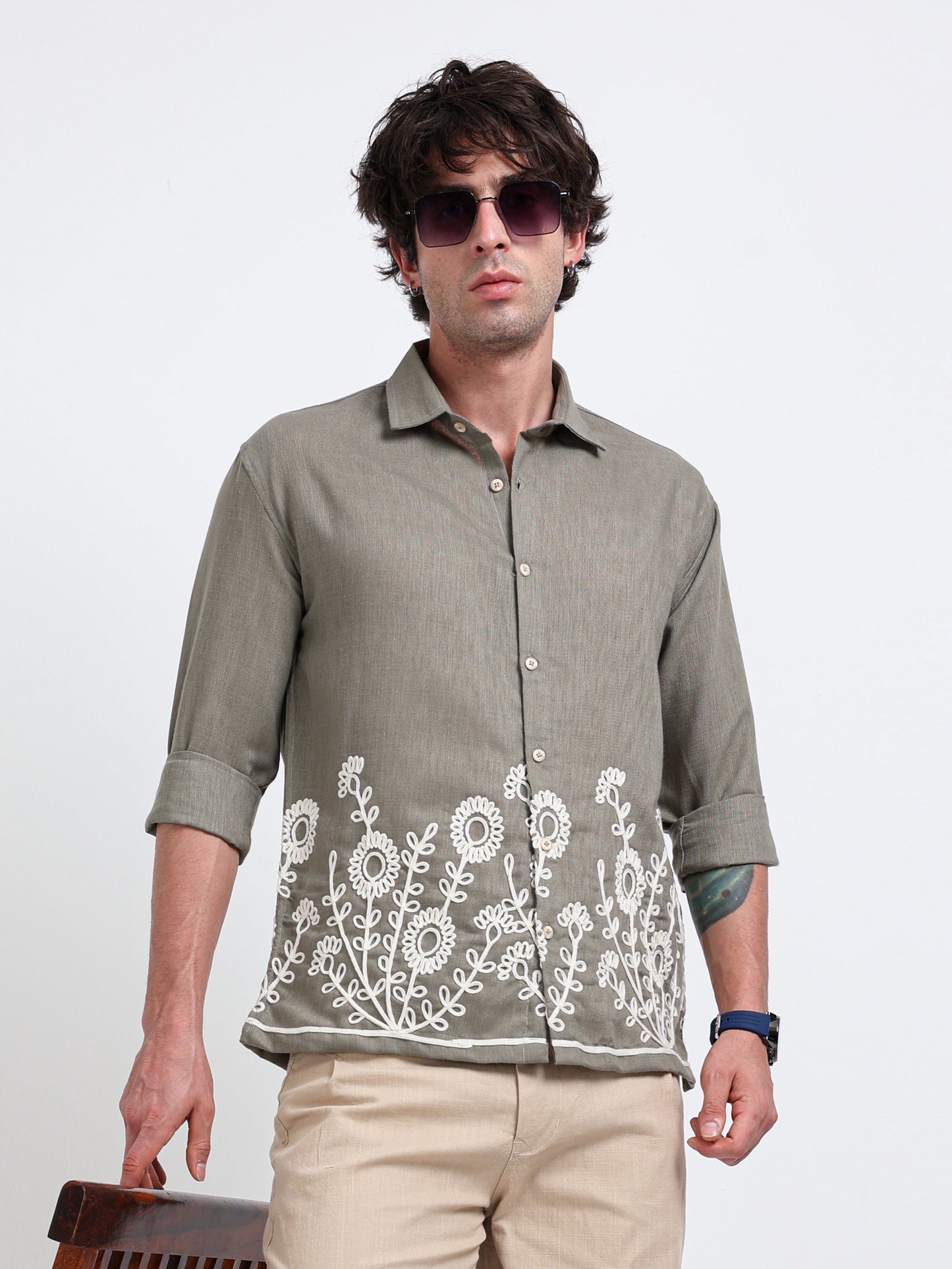 Crafted Embroidery Cotton Blend Shirt