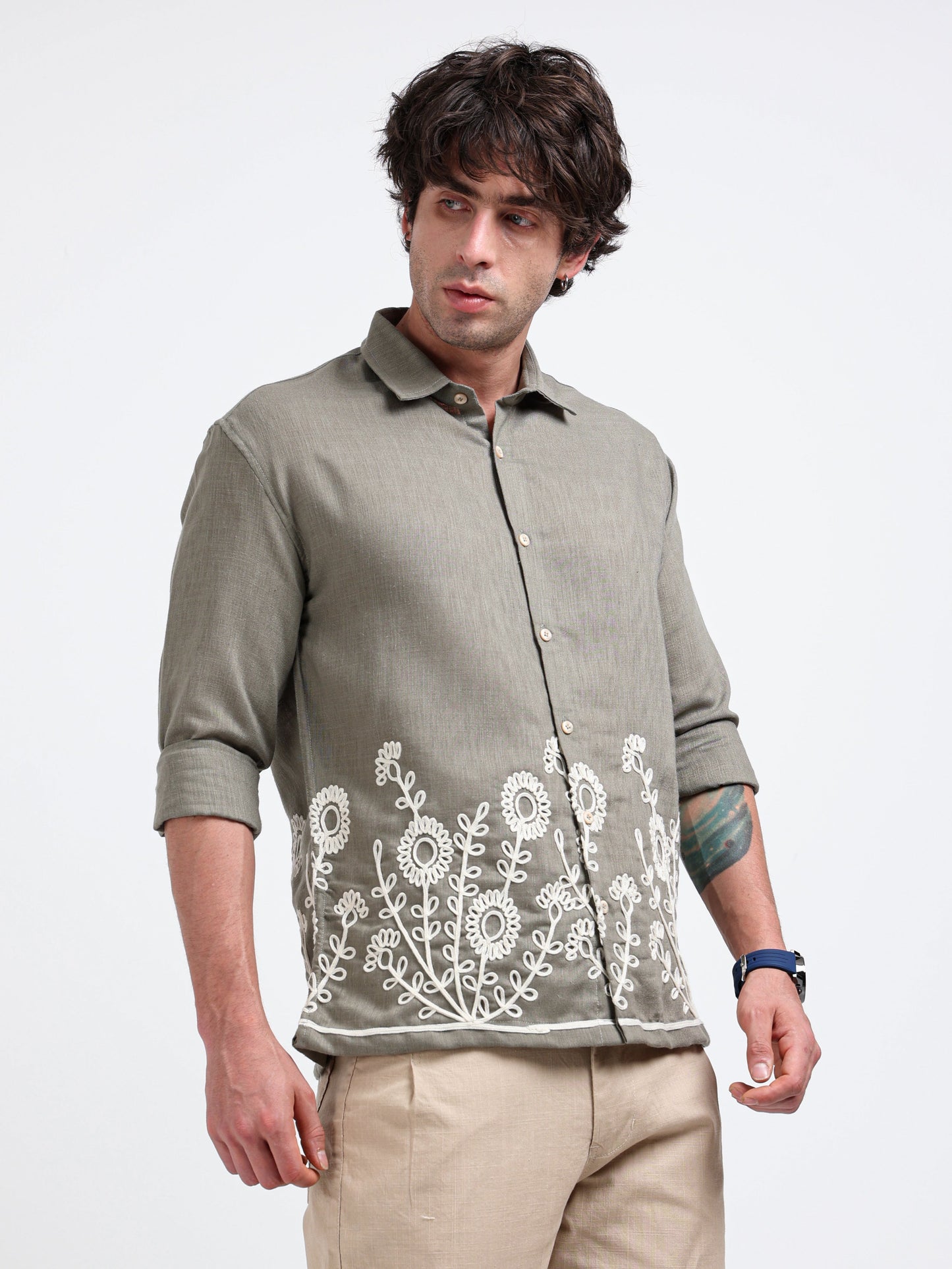 Crafted Embroidery Cotton Blend Shirt