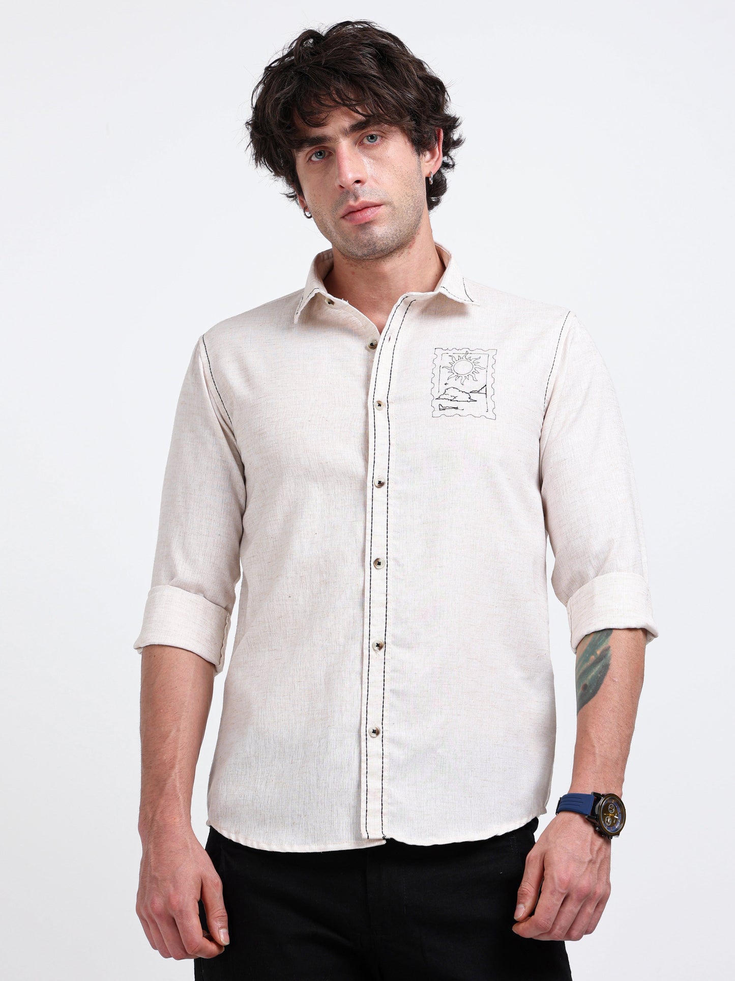 Crafted Embroidery Cotton Blend Shirt