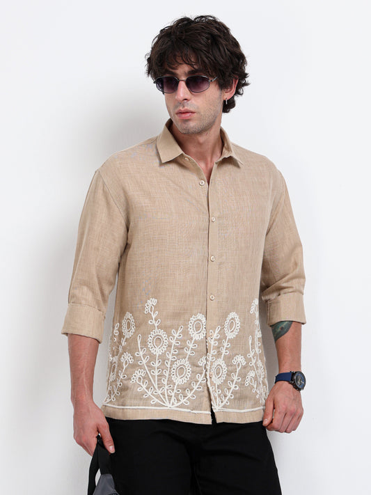 Crafted Embroidery Cotton Blend Shirt -Brown