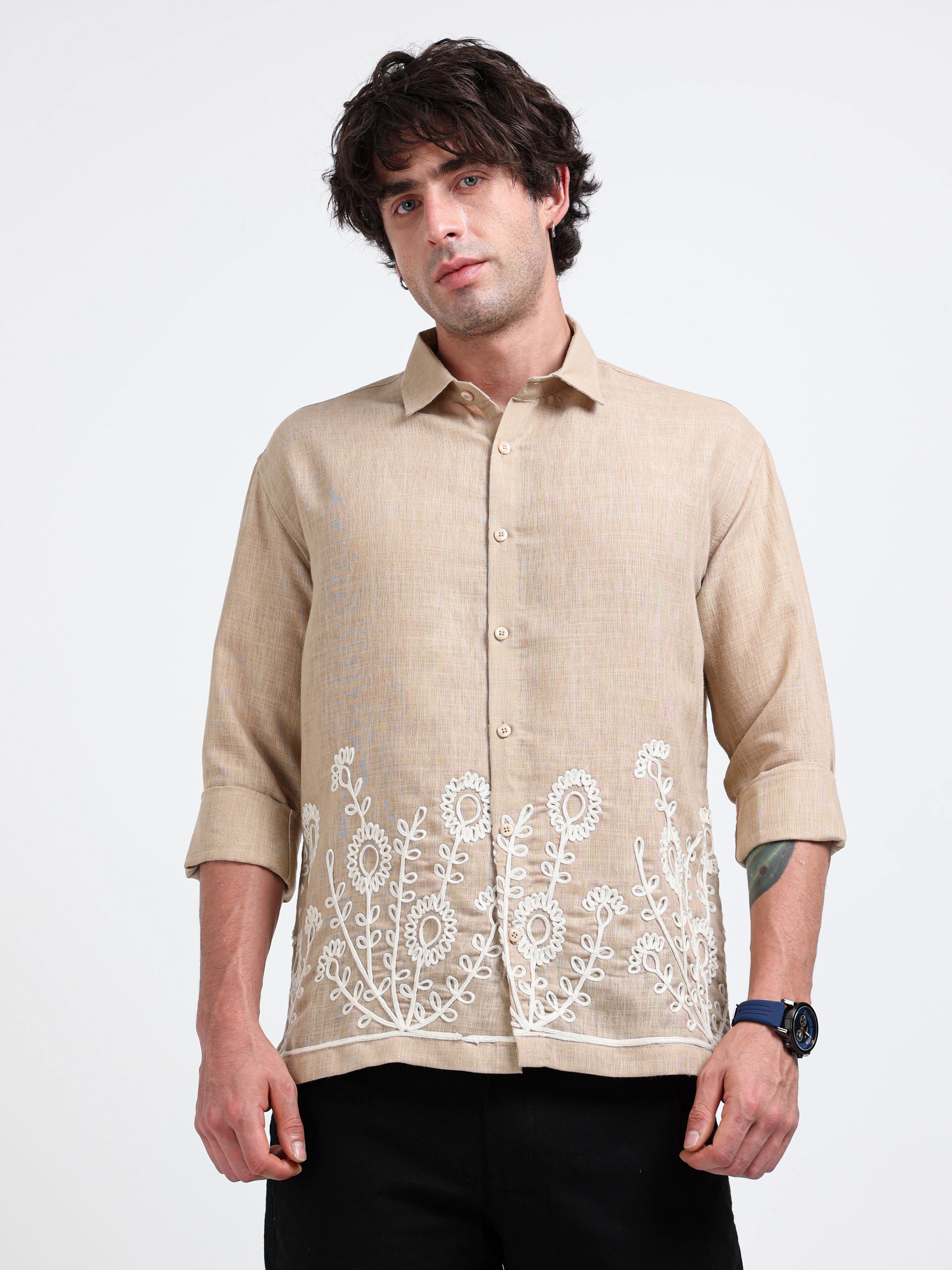 Crafted Embroidery Cotton Blend Shirt -Brown