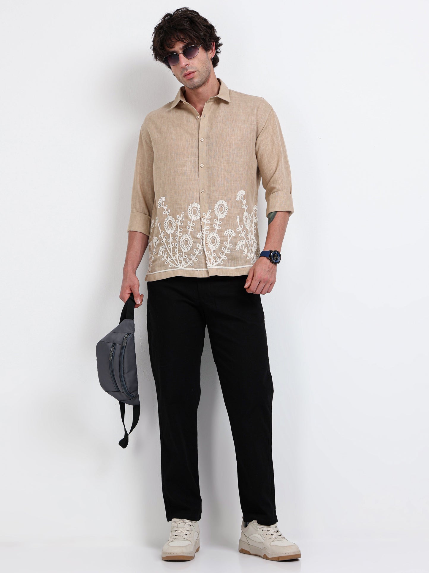 Crafted Embroidery Cotton Blend Shirt -Brown
