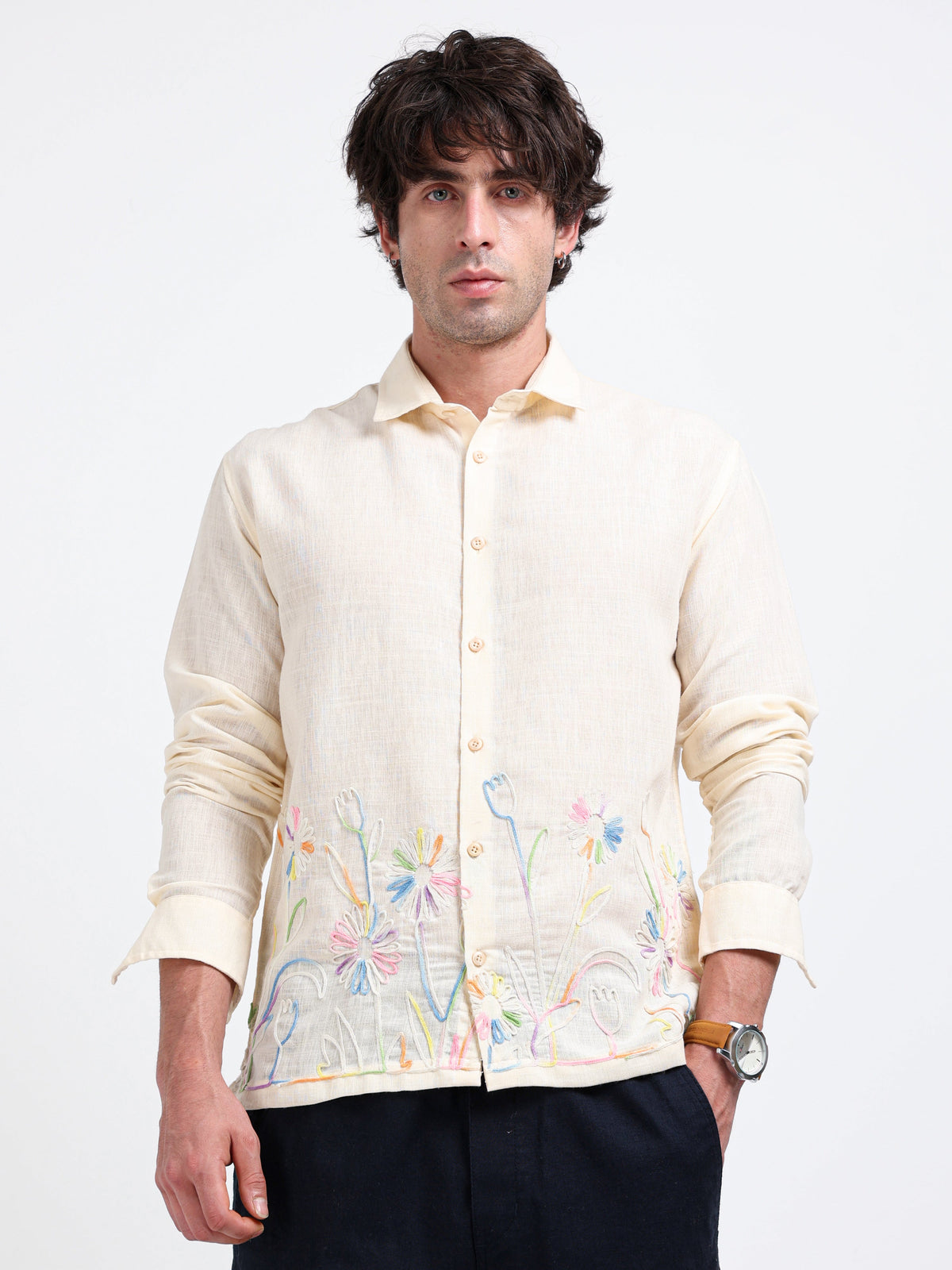 Crafted Embroidery Cotton Blend Shirt