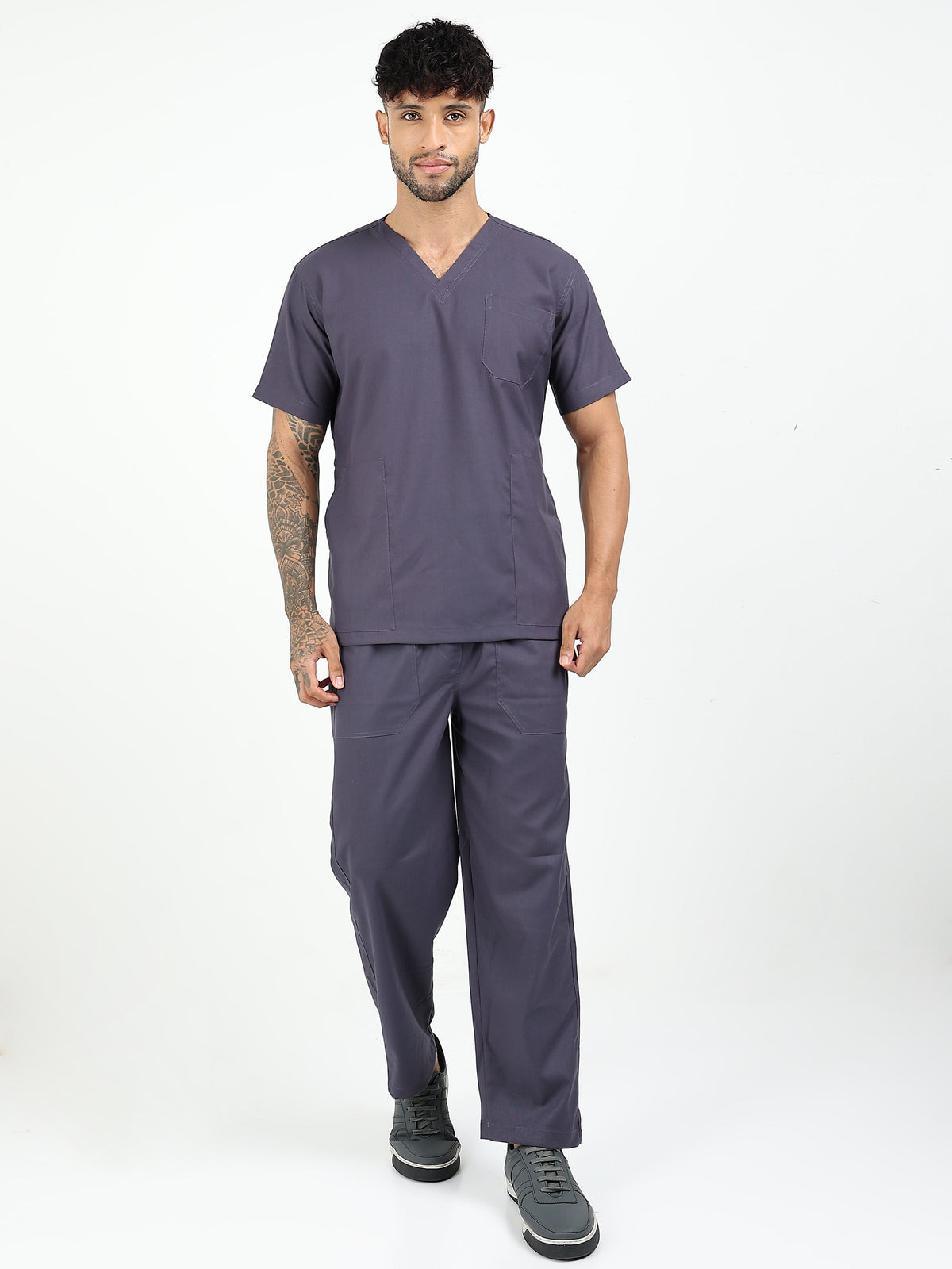 Men’s Heather Grey Medical Scrub Set – V-Neck Top & Straight Pants | Twill Fabric, Antibacterial & Durable – Eco Flex