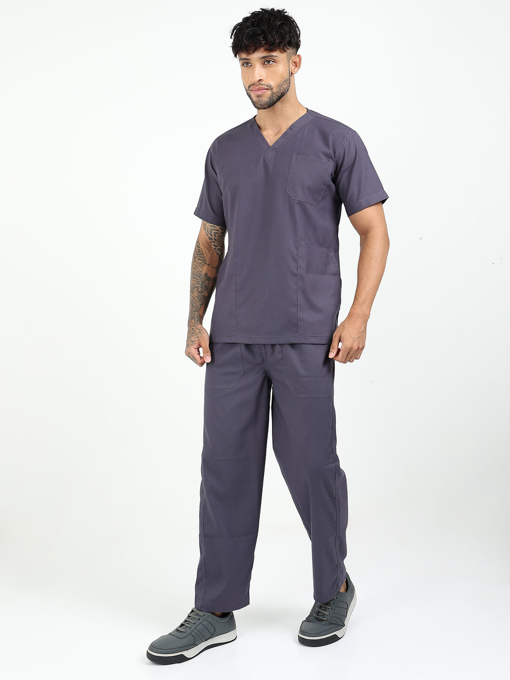 Men’s Heather Grey Medical Scrub Set – V-Neck Top & Straight Pants | Twill Fabric, Antibacterial & Durable – Eco Flex