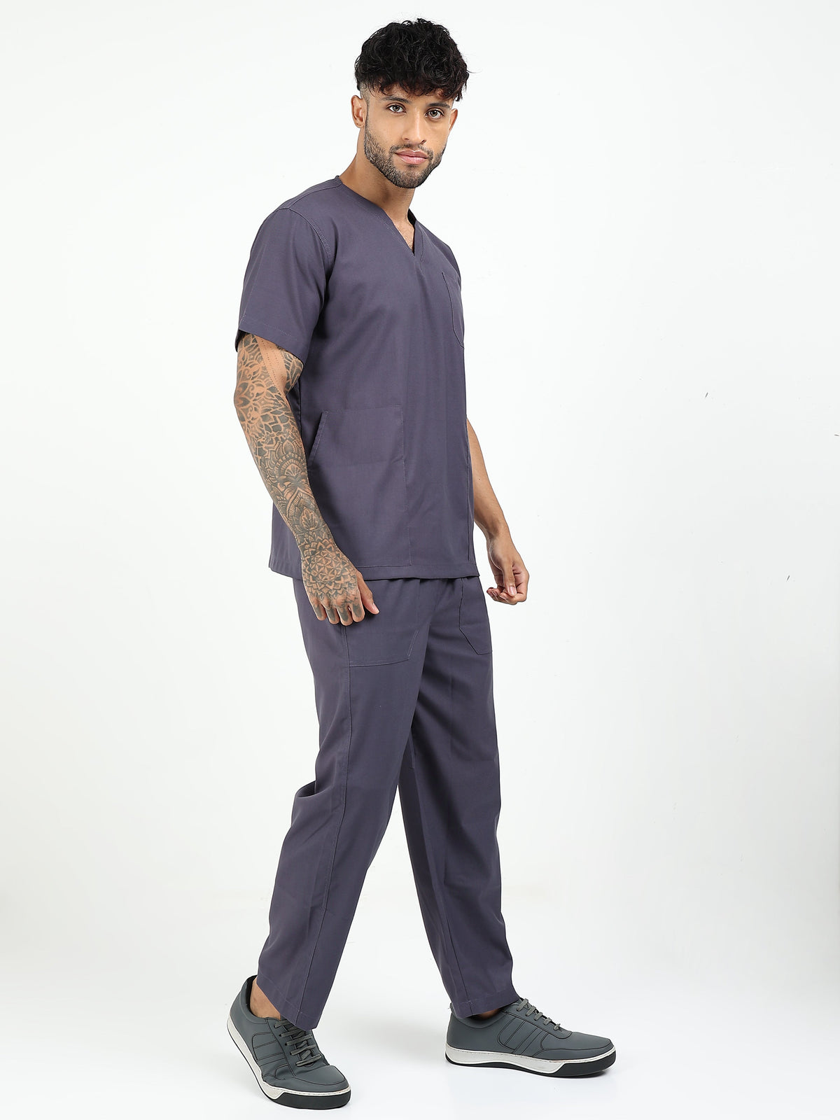 Men’s Heather Grey Medical Scrub Set – V-Neck Top & Straight Pants | Twill Fabric, Antibacterial & Durable – Eco Flex