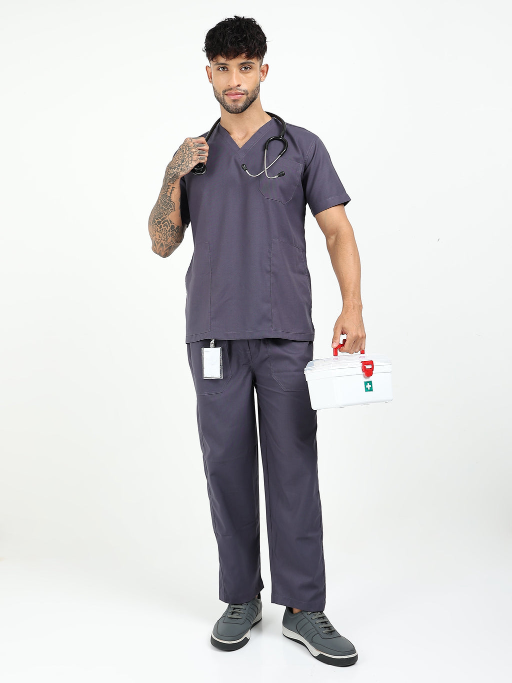 Men’s Heather Grey Medical Scrub Set – V-Neck Top & Straight Pants | Twill Fabric, Antibacterial & Durable – Eco Flex