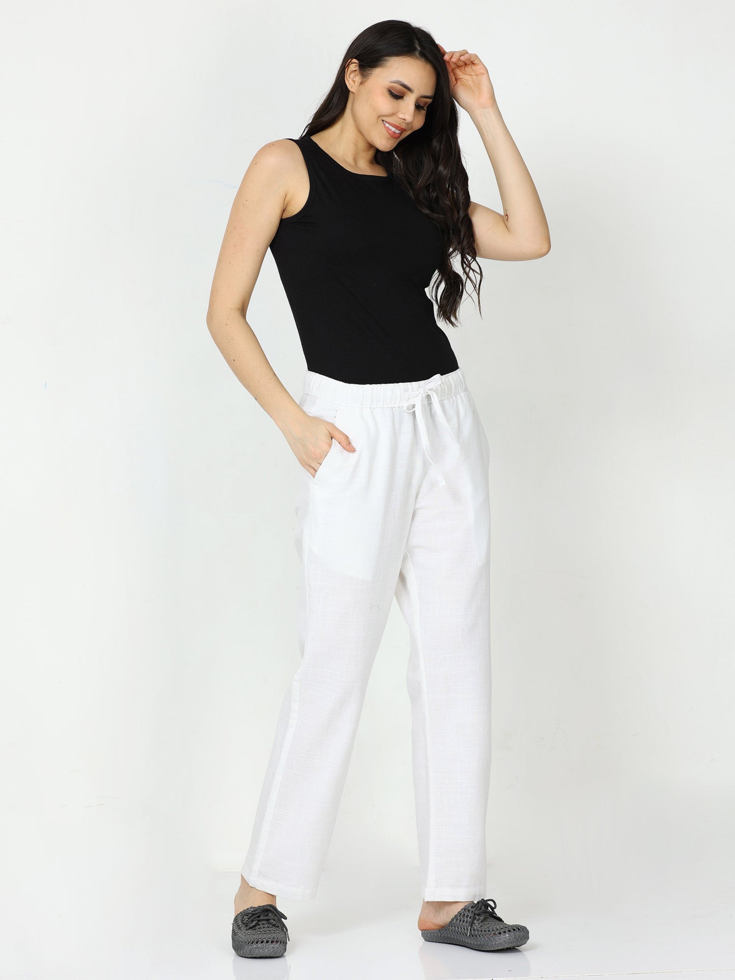 Women Lazy Linen White Pants