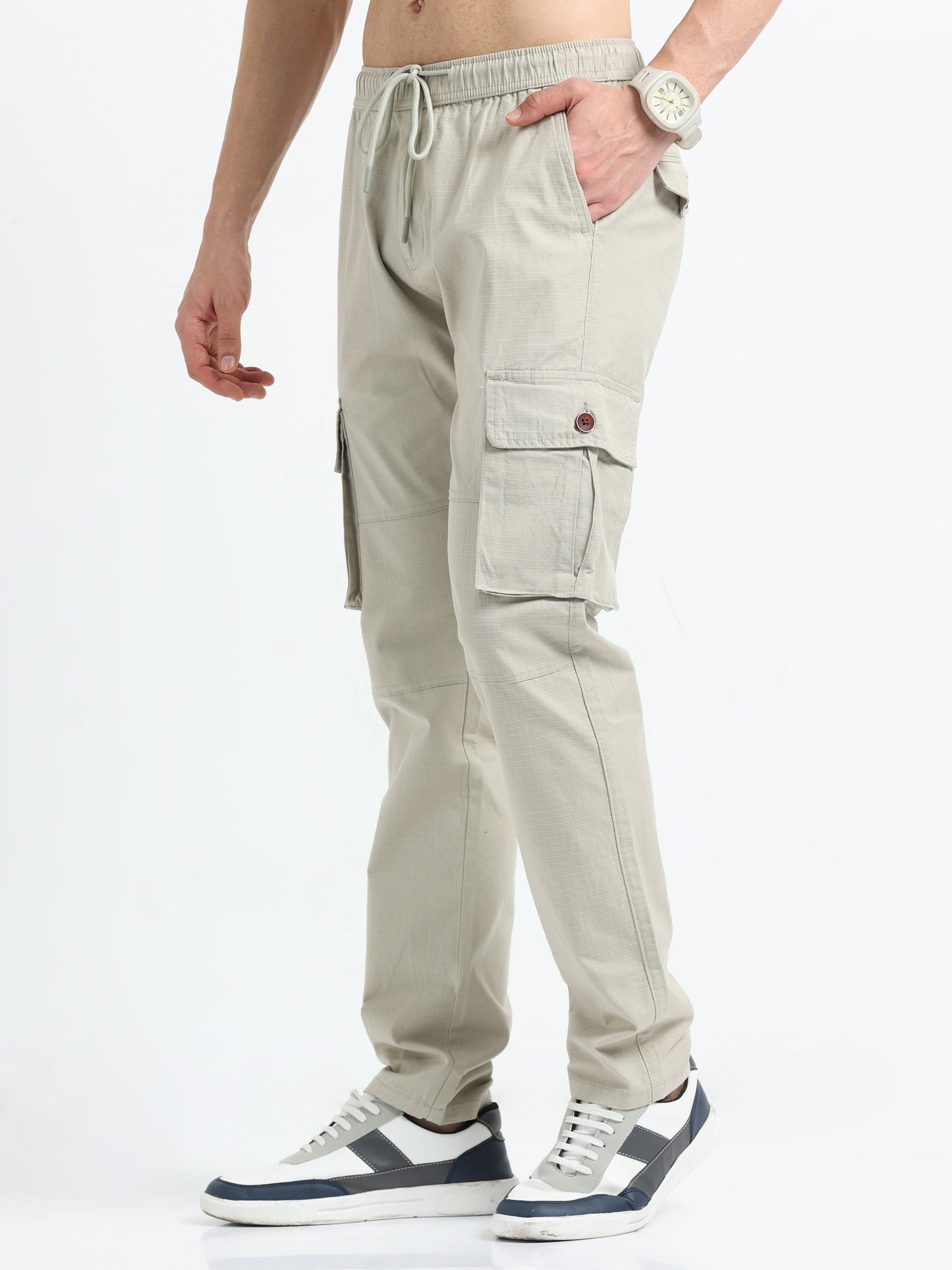 Men Self Design Breeze Cargoes-Cream