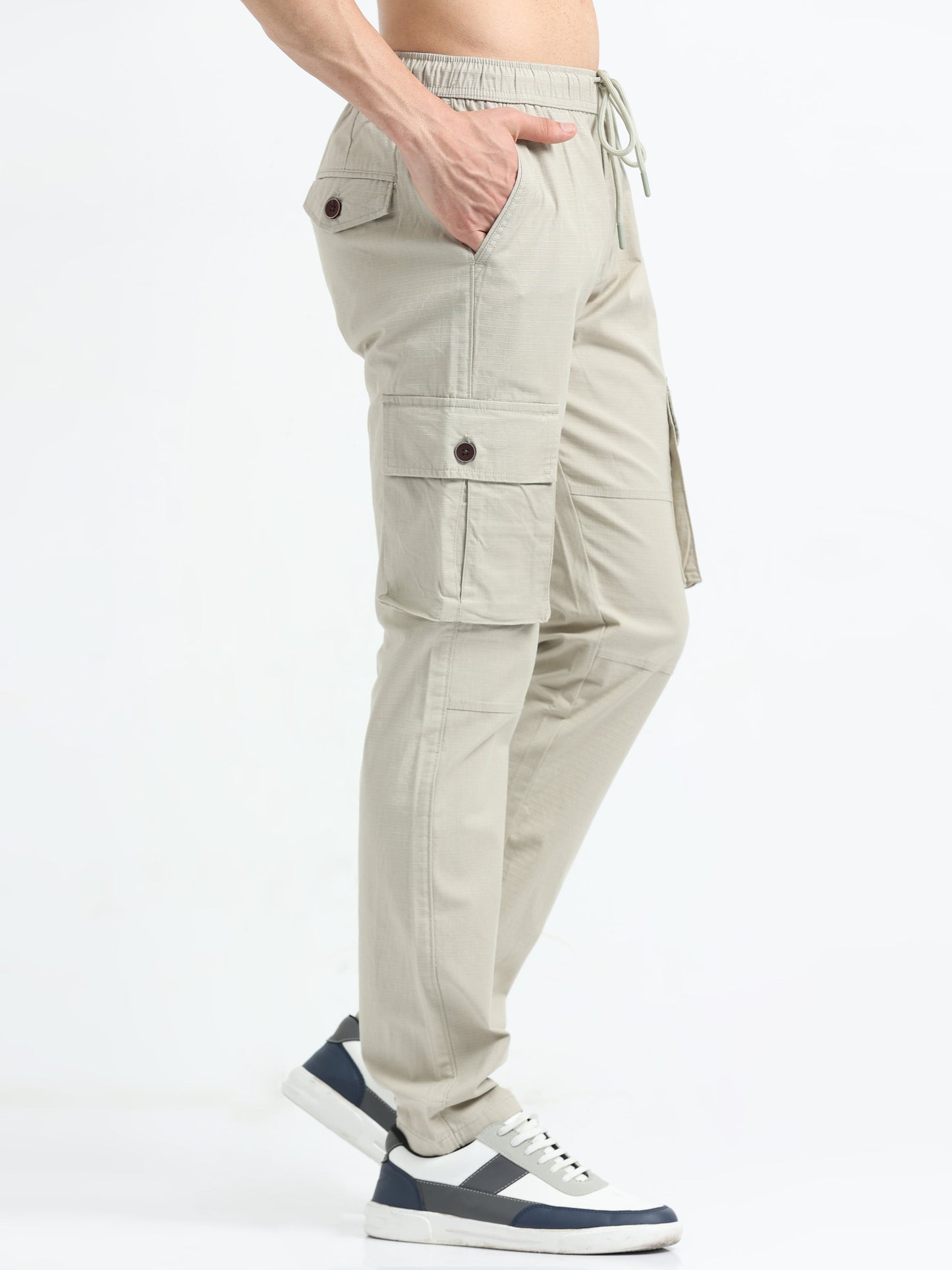 Men Self Design Breeze Cargoes-Cream