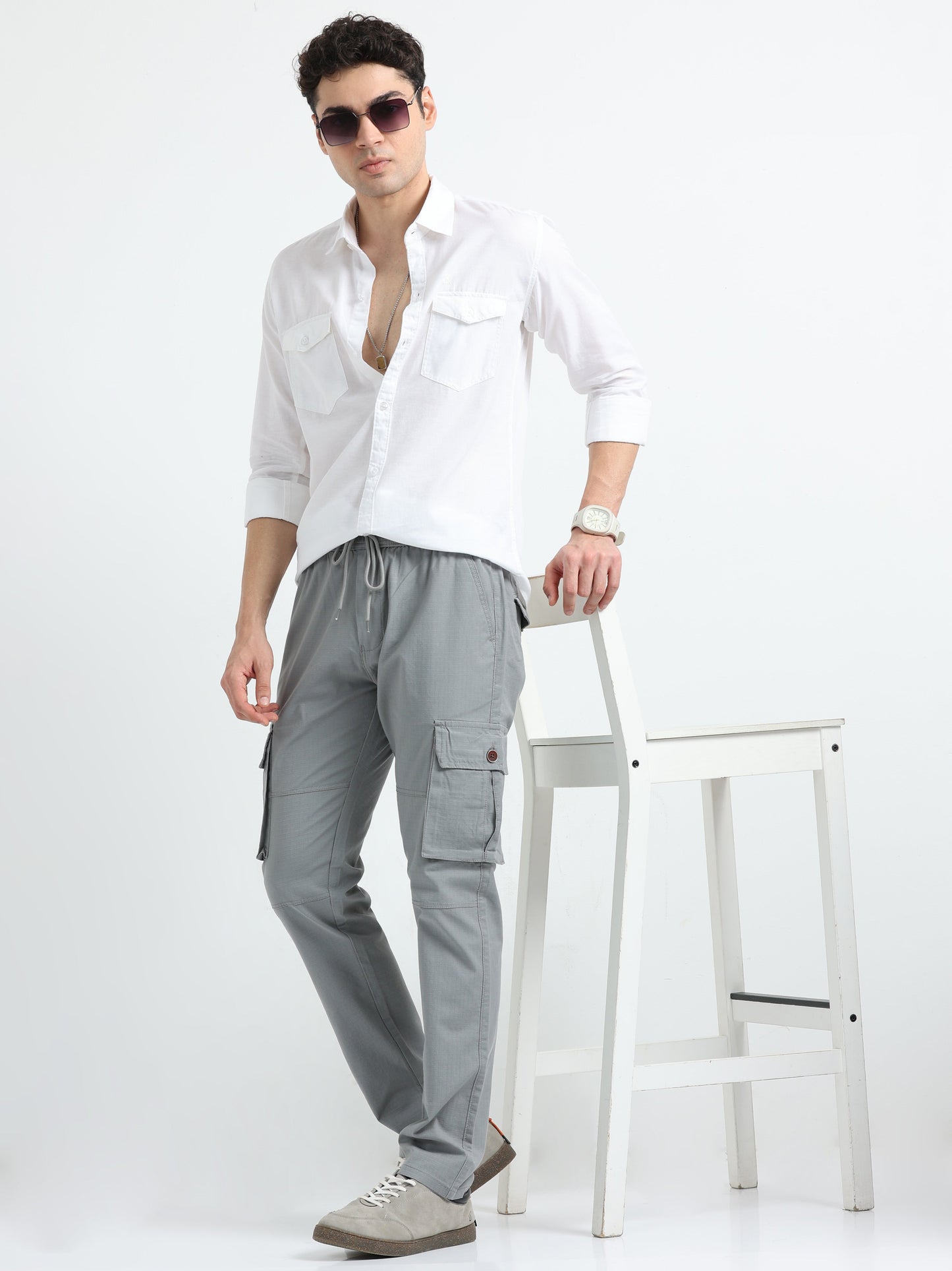 Men Self Design Breeze Cargoes-Lt Grey