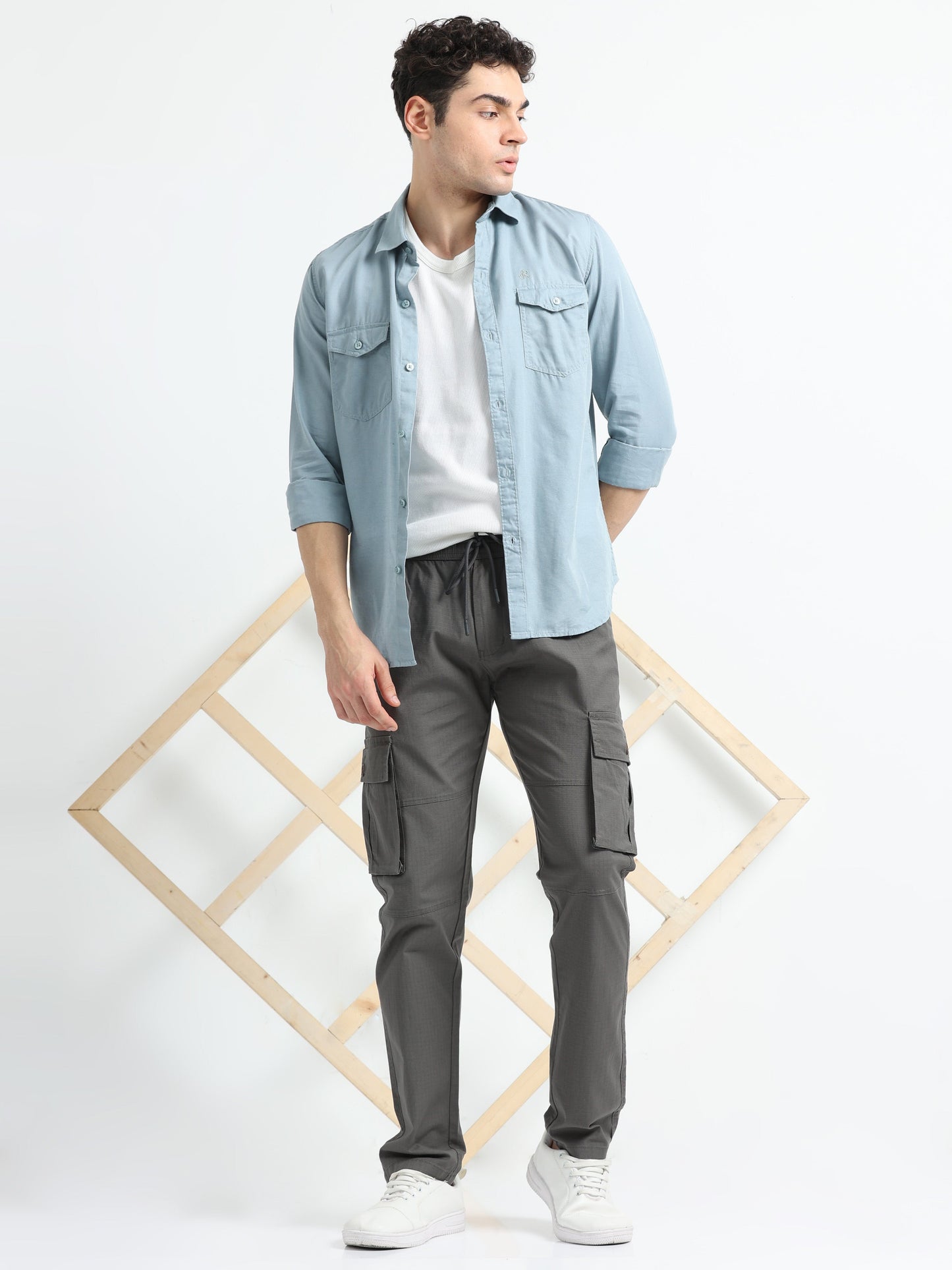 Men Self Design Breeze Cargoes-Biscuit