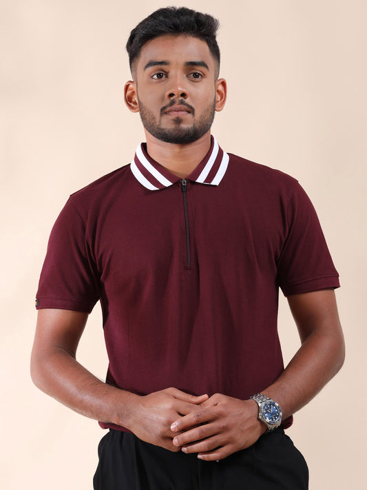 Plus White Striped Collar Sepia Maroon T Shirt for Men