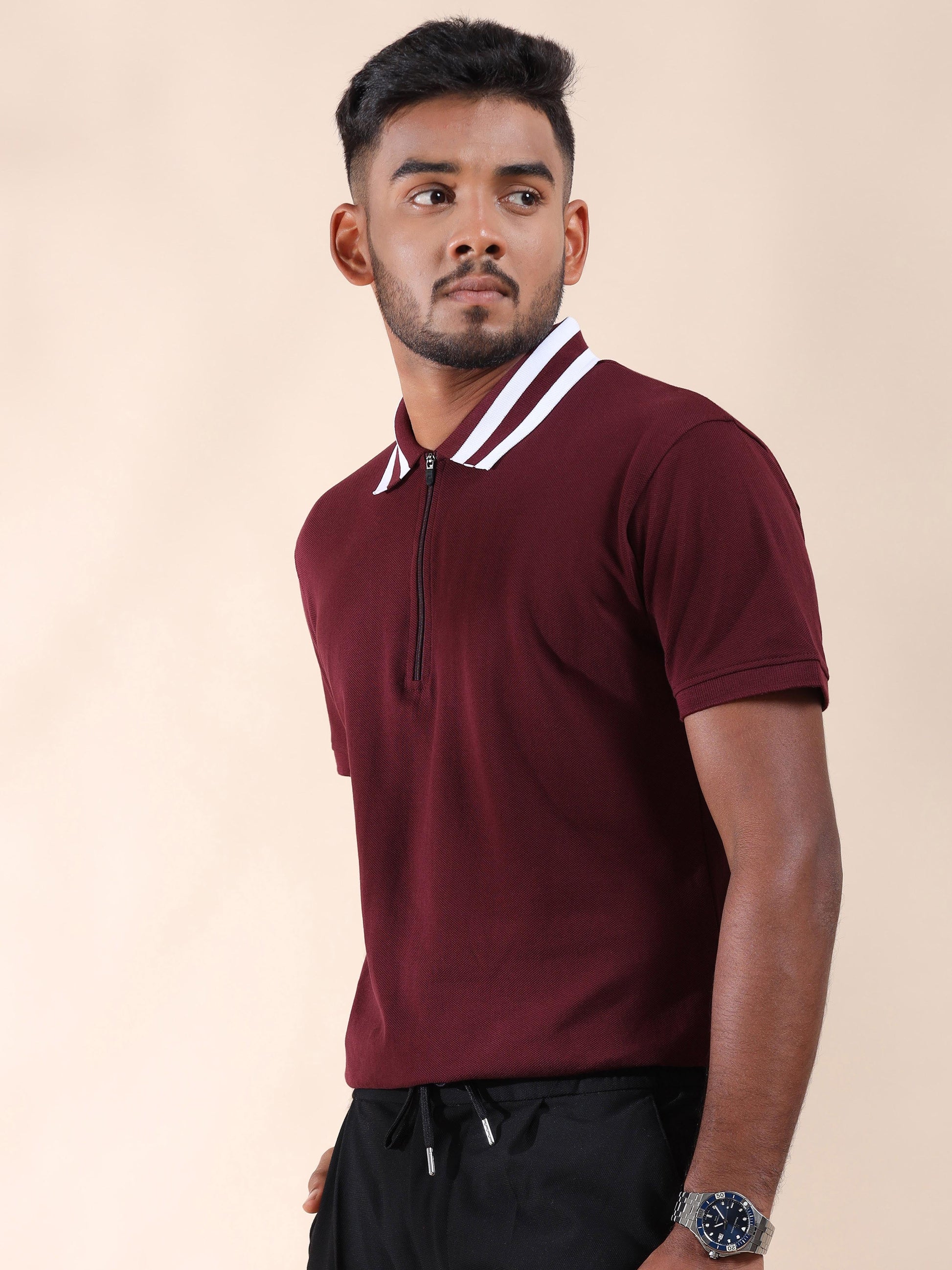 Plus White Striped Collar Sepia Maroon T Shirt for Men