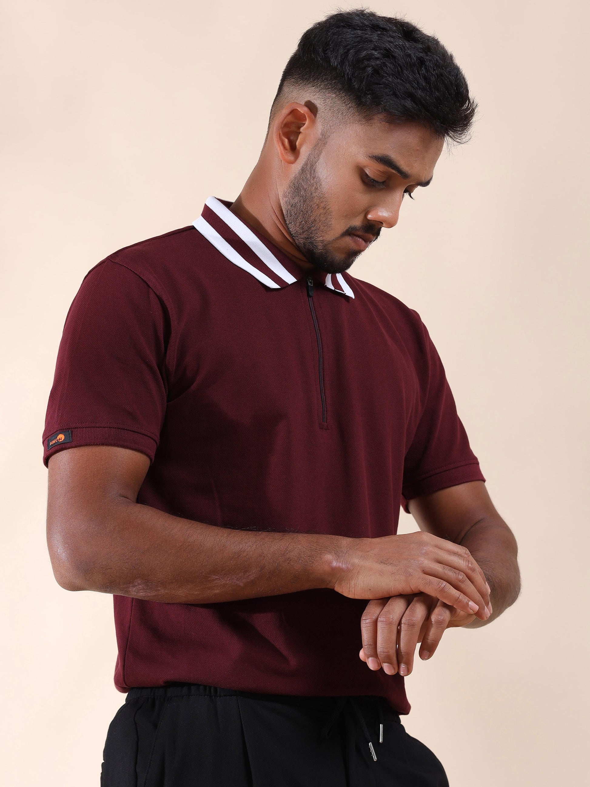 Plus White Striped Collar Sepia Maroon T Shirt for Men