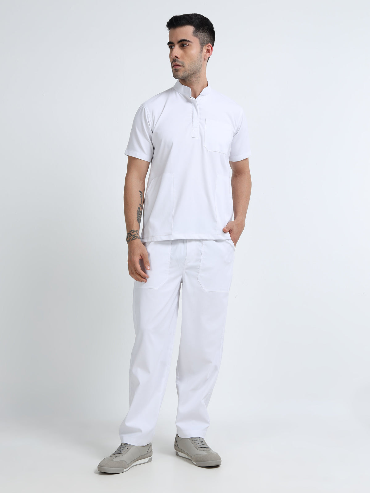 Men’s Snow White Medical Scrub Set – Mandarin Collar (Chinese Collar) Top & Straight Pants | Wrinkle-Resistant – Eco Flex