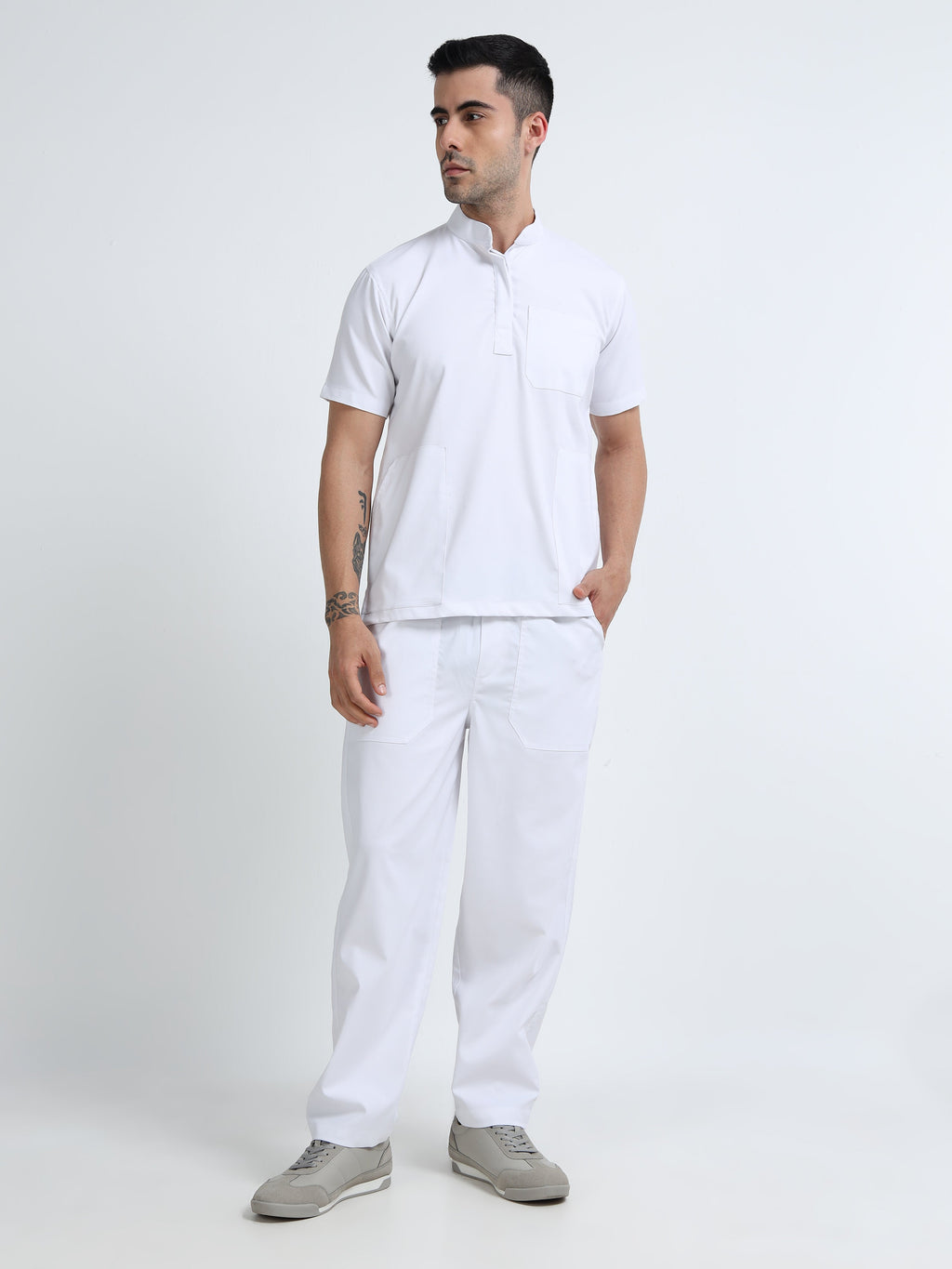 Men’s Snow White Medical Scrub Set – Mandarin Collar (Chinese Collar) Top & Straight Pants | 2-Way Stretch, Antibacterial & Wrinkle-Resistant – Apollo