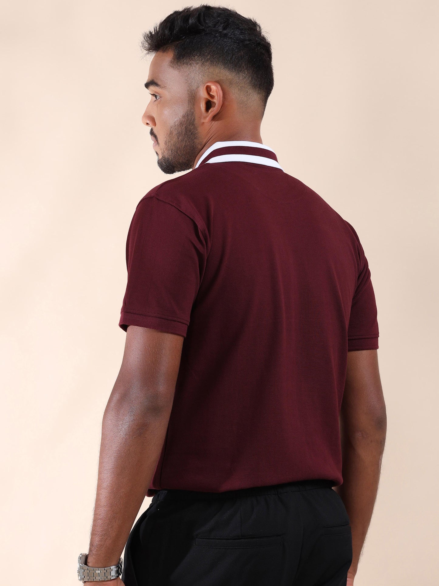 Plus White Striped Collar Sepia Maroon T Shirt for Men