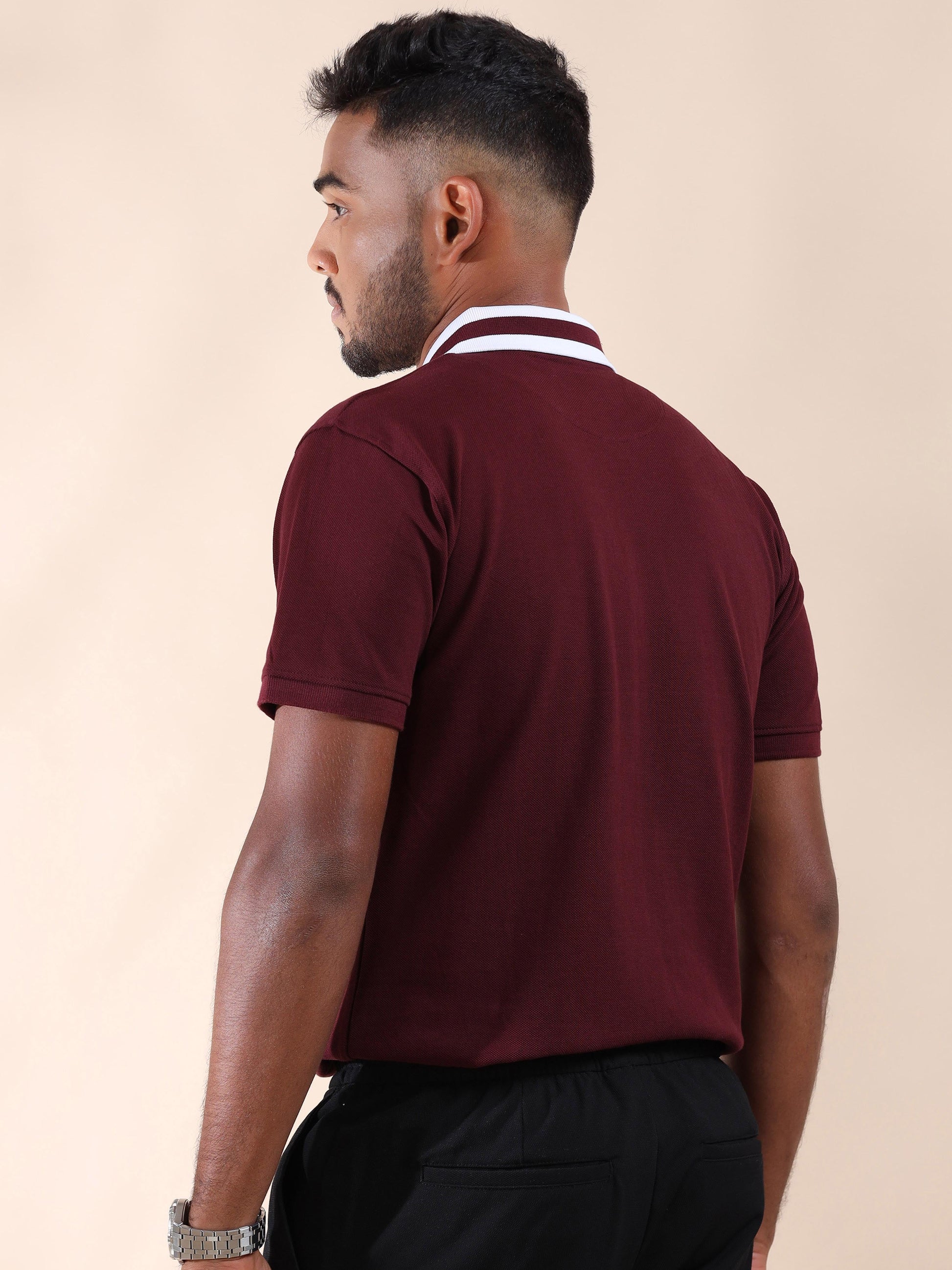 Plus White Striped Collar Sepia Maroon T Shirt for Men