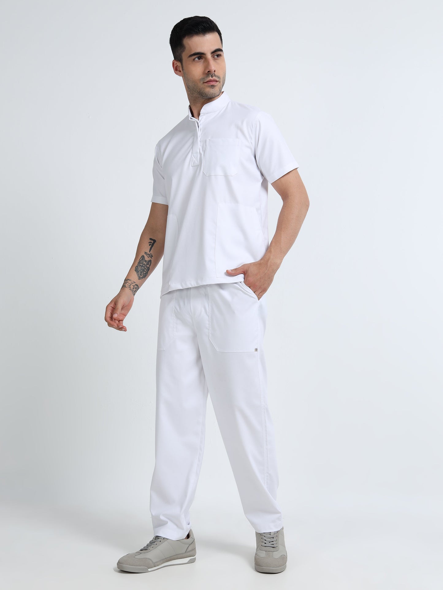 Men’s Snow White Medical Scrub Set – Mandarin Collar (Chinese Collar) Top & Straight Pants | 2-Way Stretch, Antibacterial & Wrinkle-Resistant – Apollo